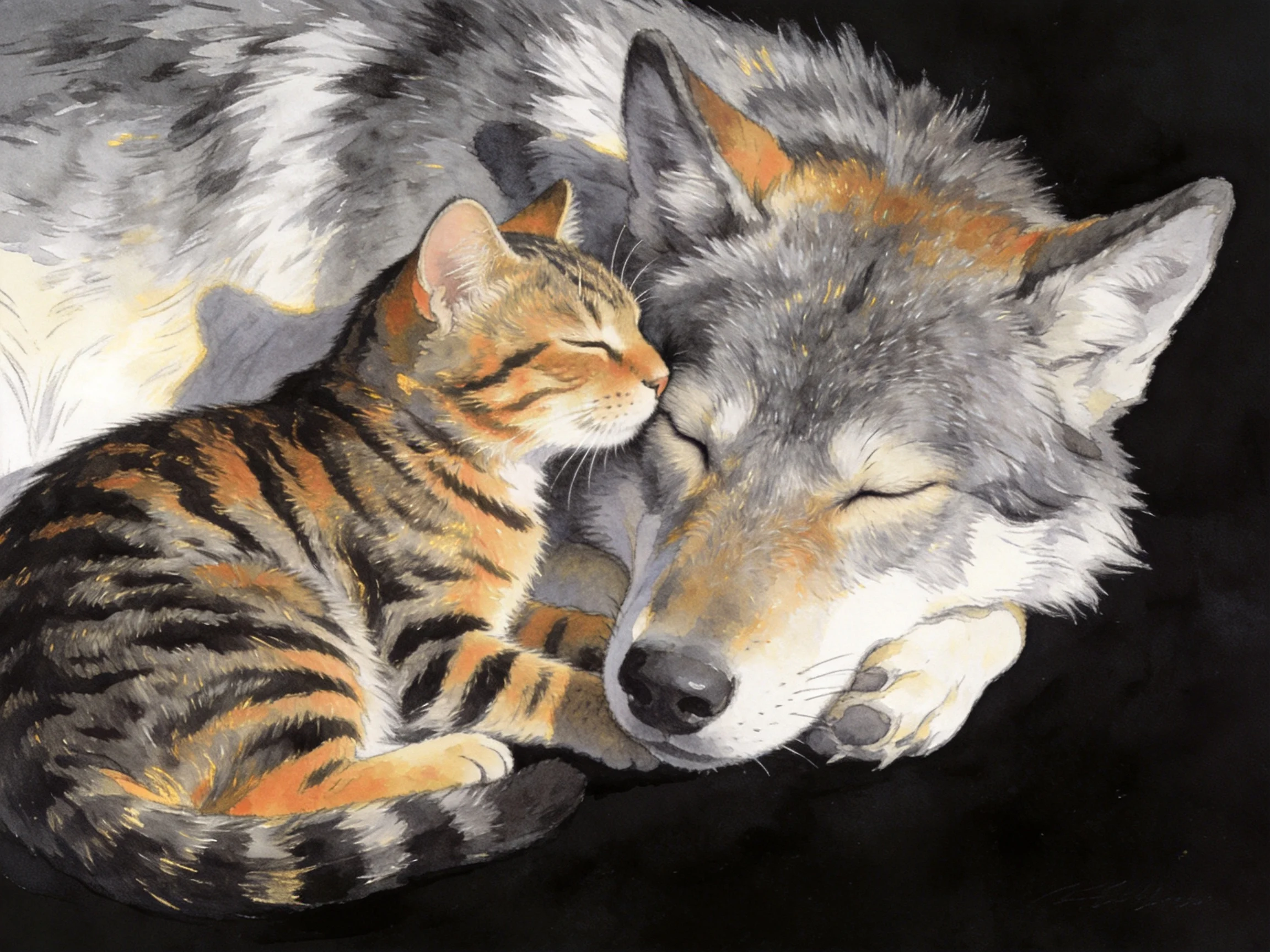A gray wolf and orange-striped kitten sleep closely together in a peaceful scene.