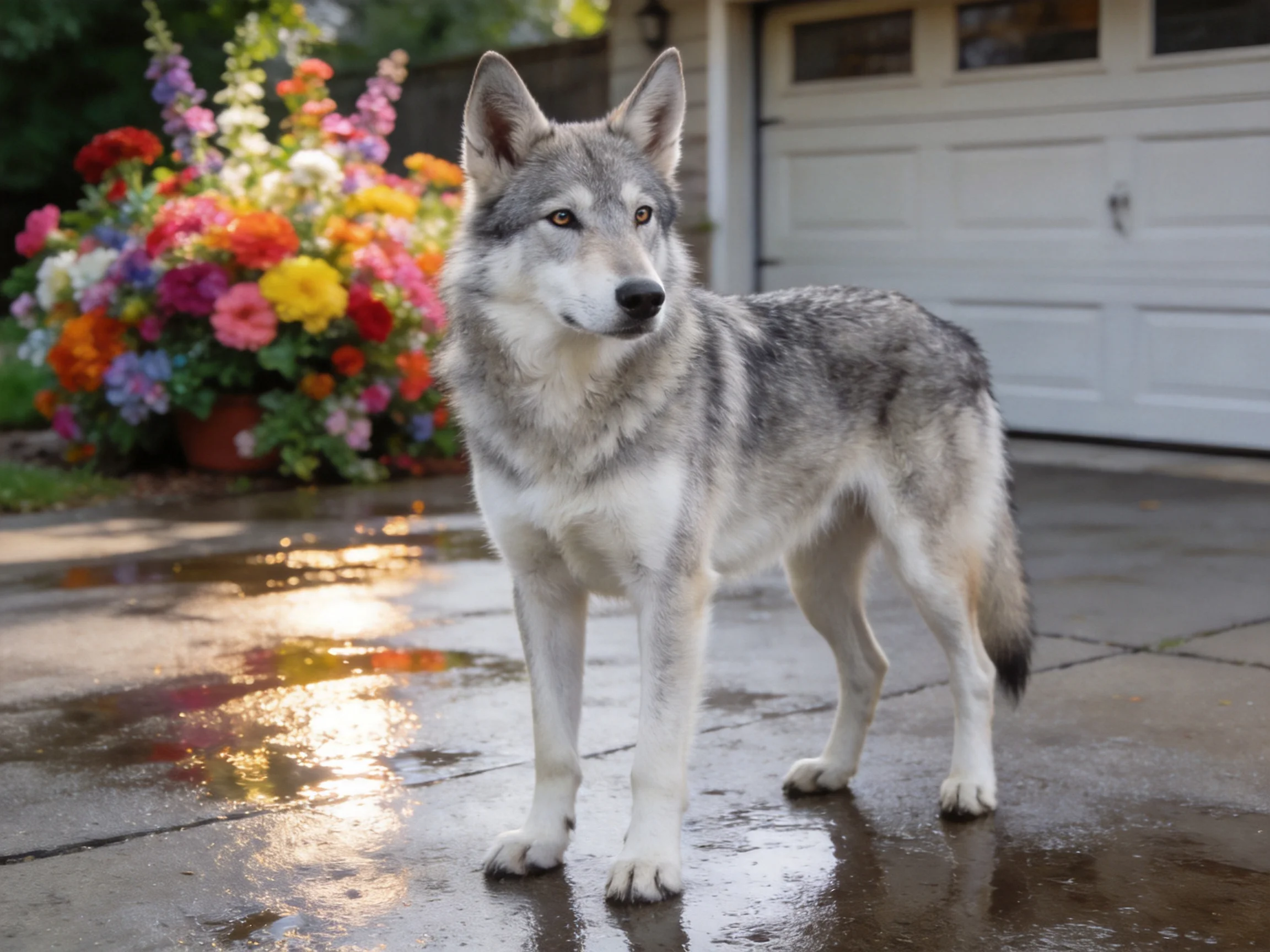 A gray wolf-dog stands on wet pavement near colorful flowers and a white garage.