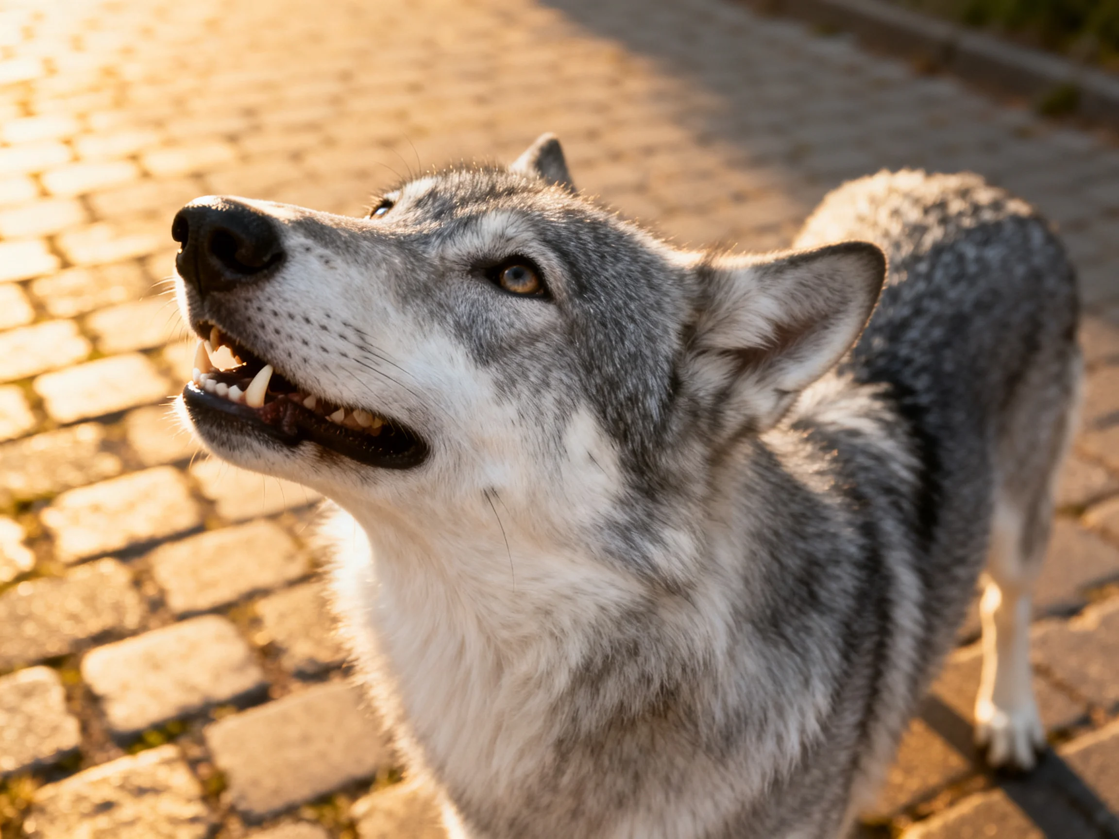 A gray wolf-dog stands on sunlit cobblestone pavement