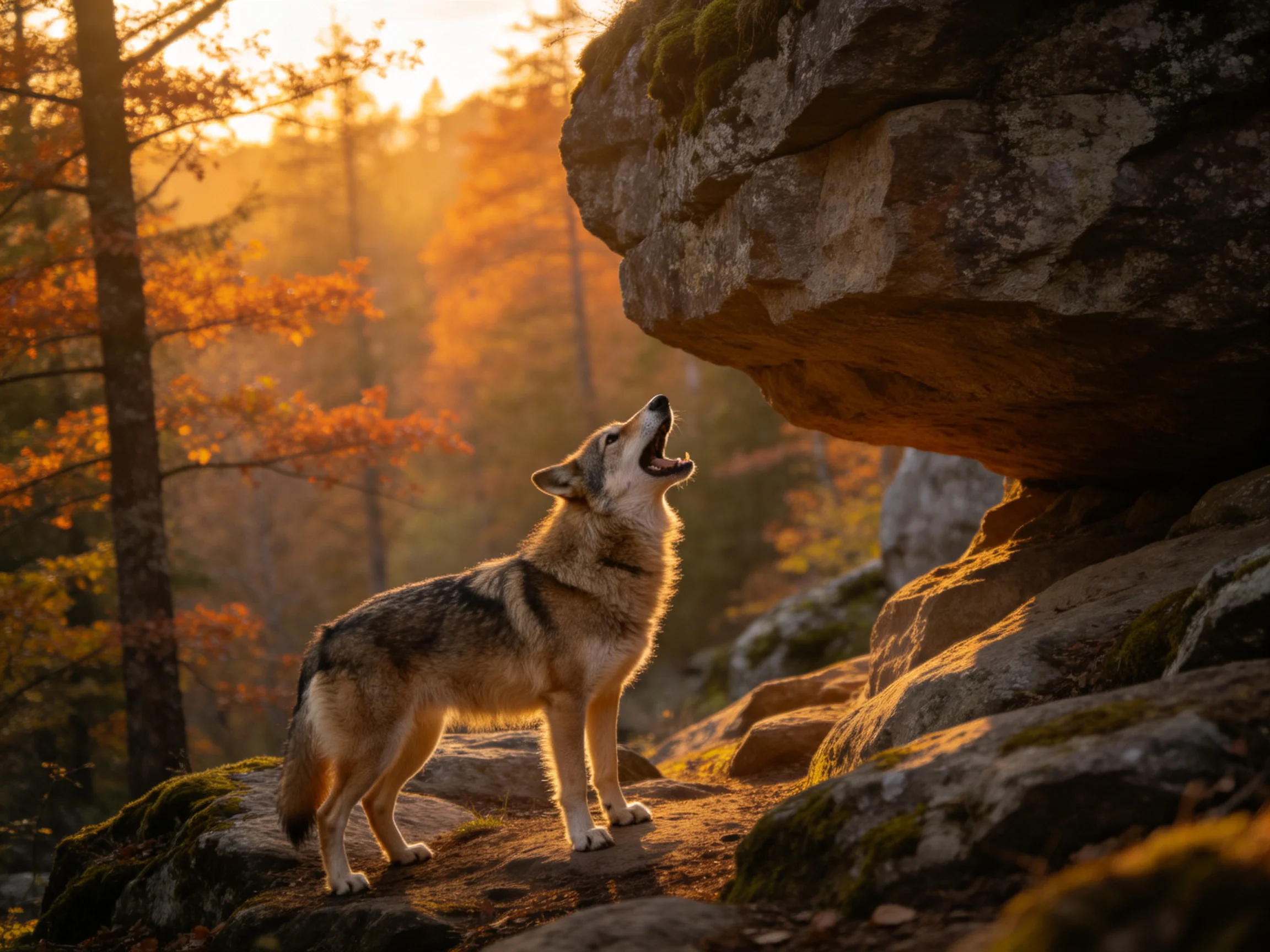 A gray wolf howls beside a moss-covered rocky ledge in an autumn forest
