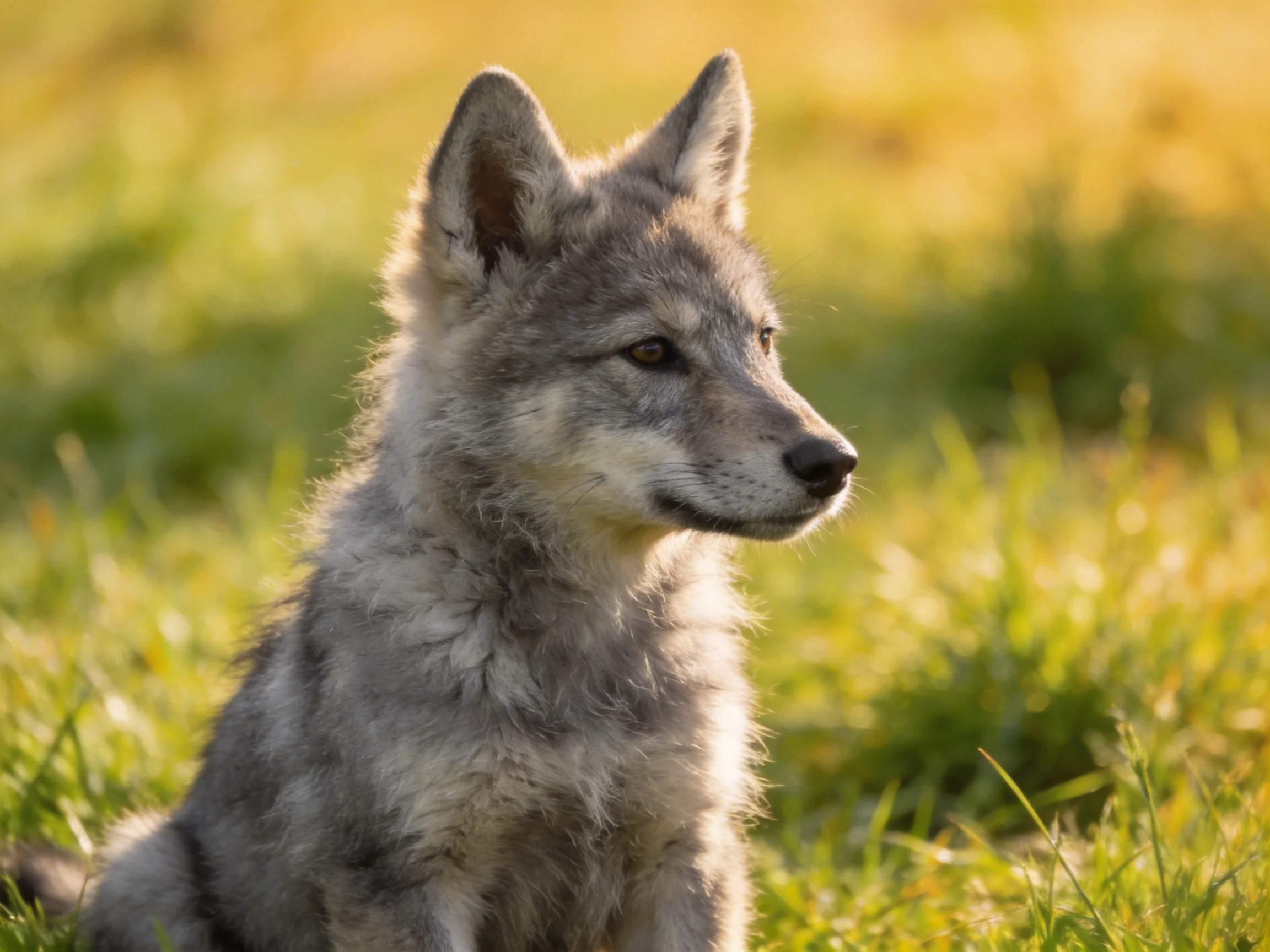 A gray wolf pup sits in sunlit green meadow grass