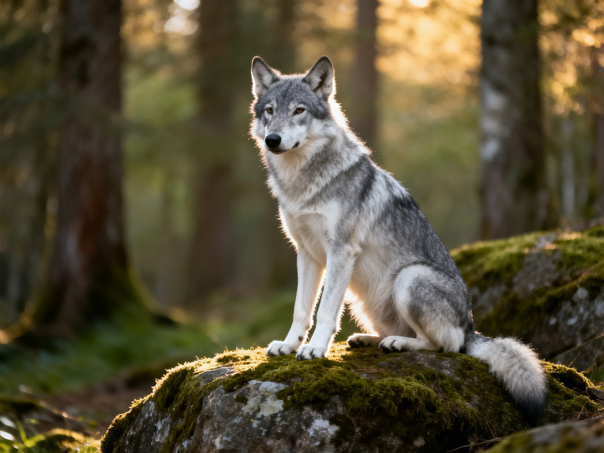 A gray wolf sits atop moss-covered rocks in a sunlit forest