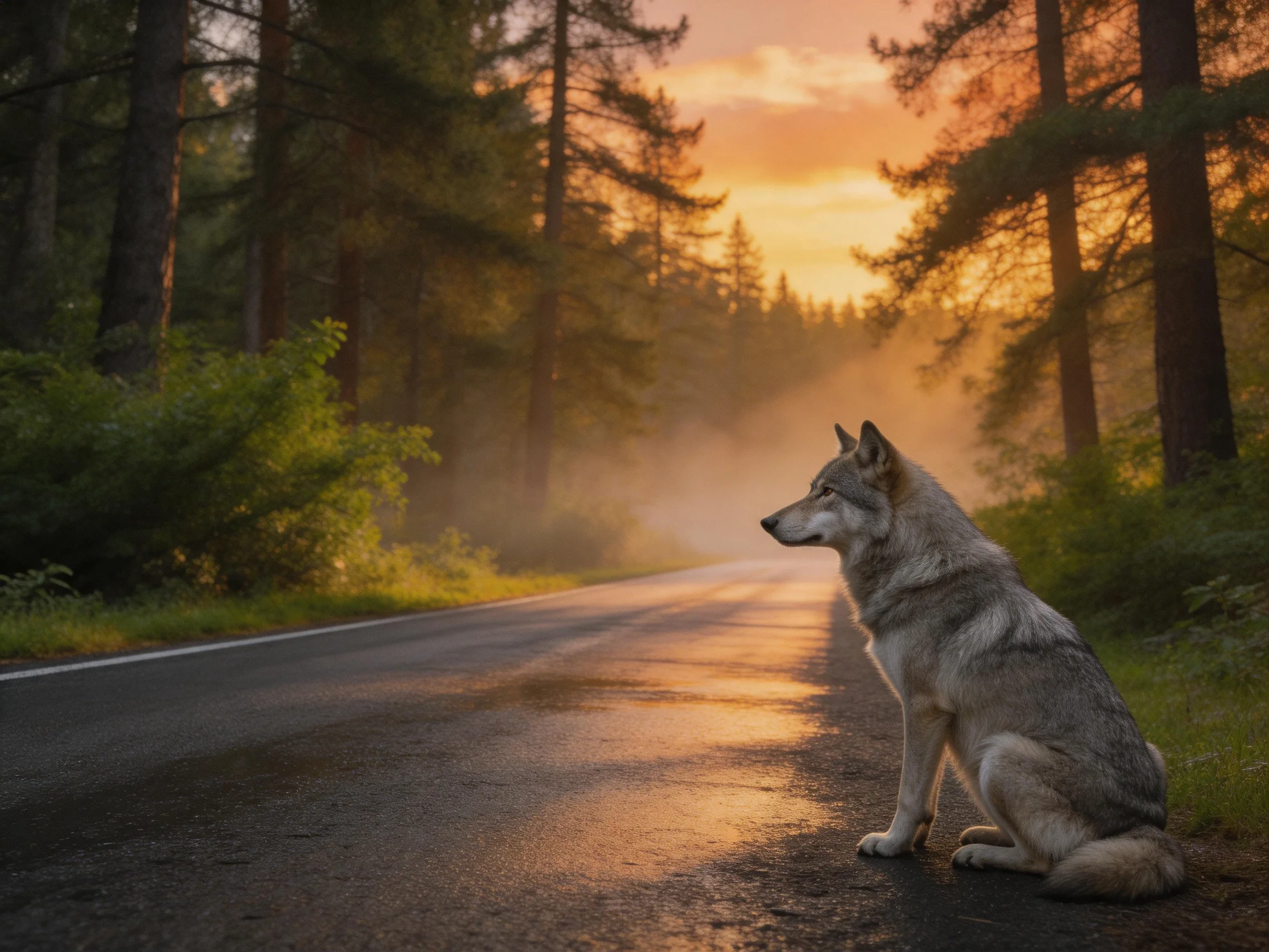A gray wolf sits on a misty forest road as sunlight filters through trees.