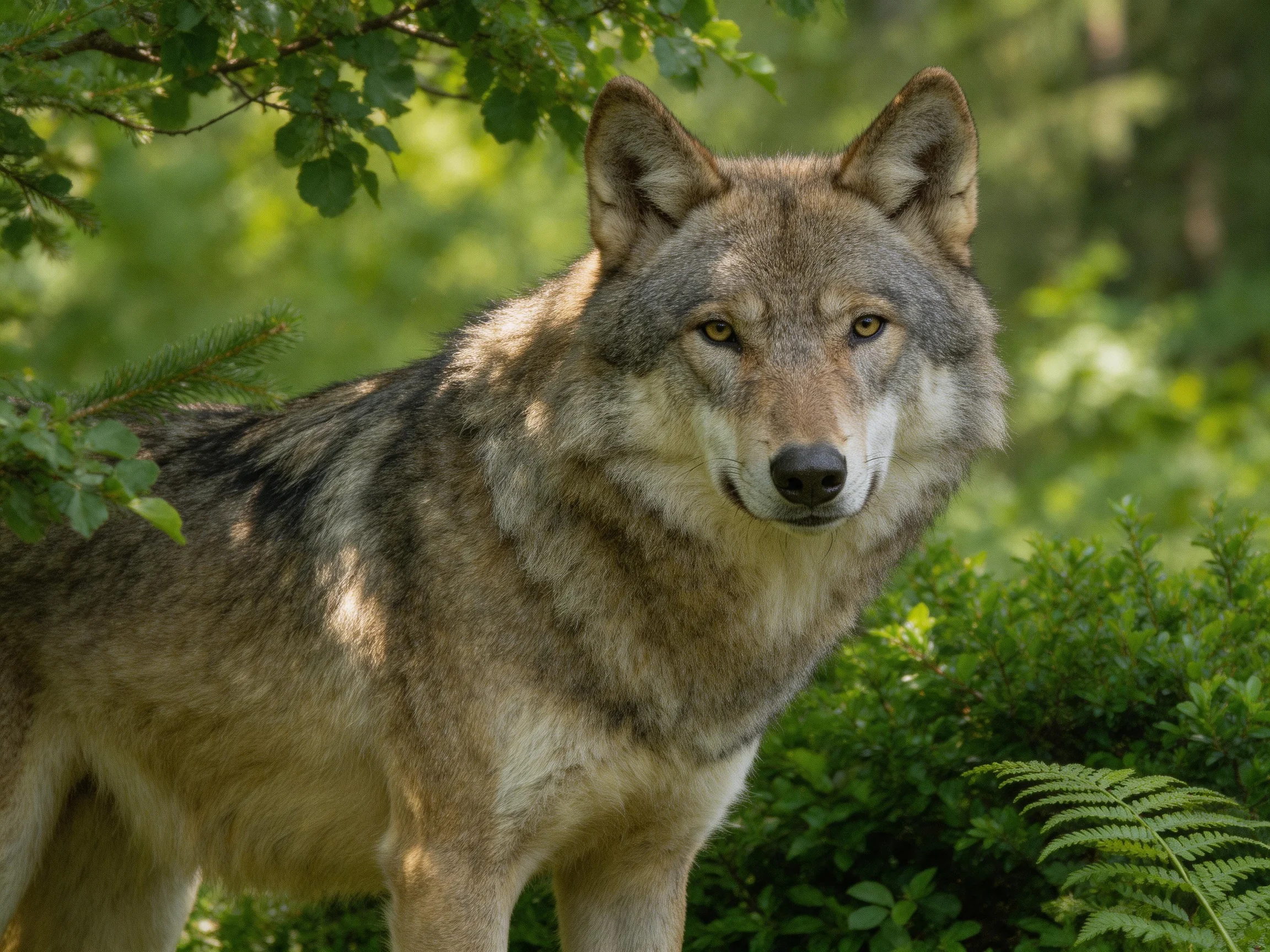 A gray wolf is surrounded by dense greenery in a sunlit forest environment.
