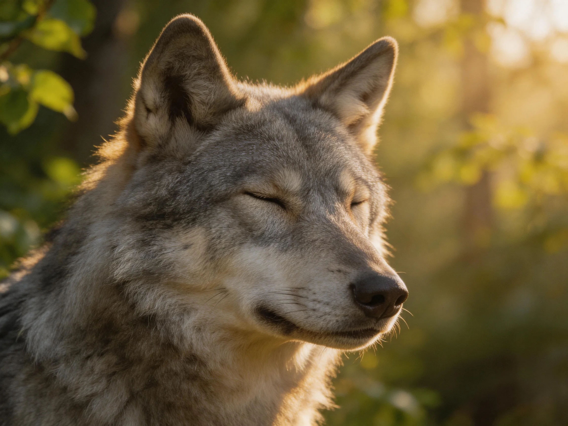 A gray wolf with closed eyes in a sunlit forest setting