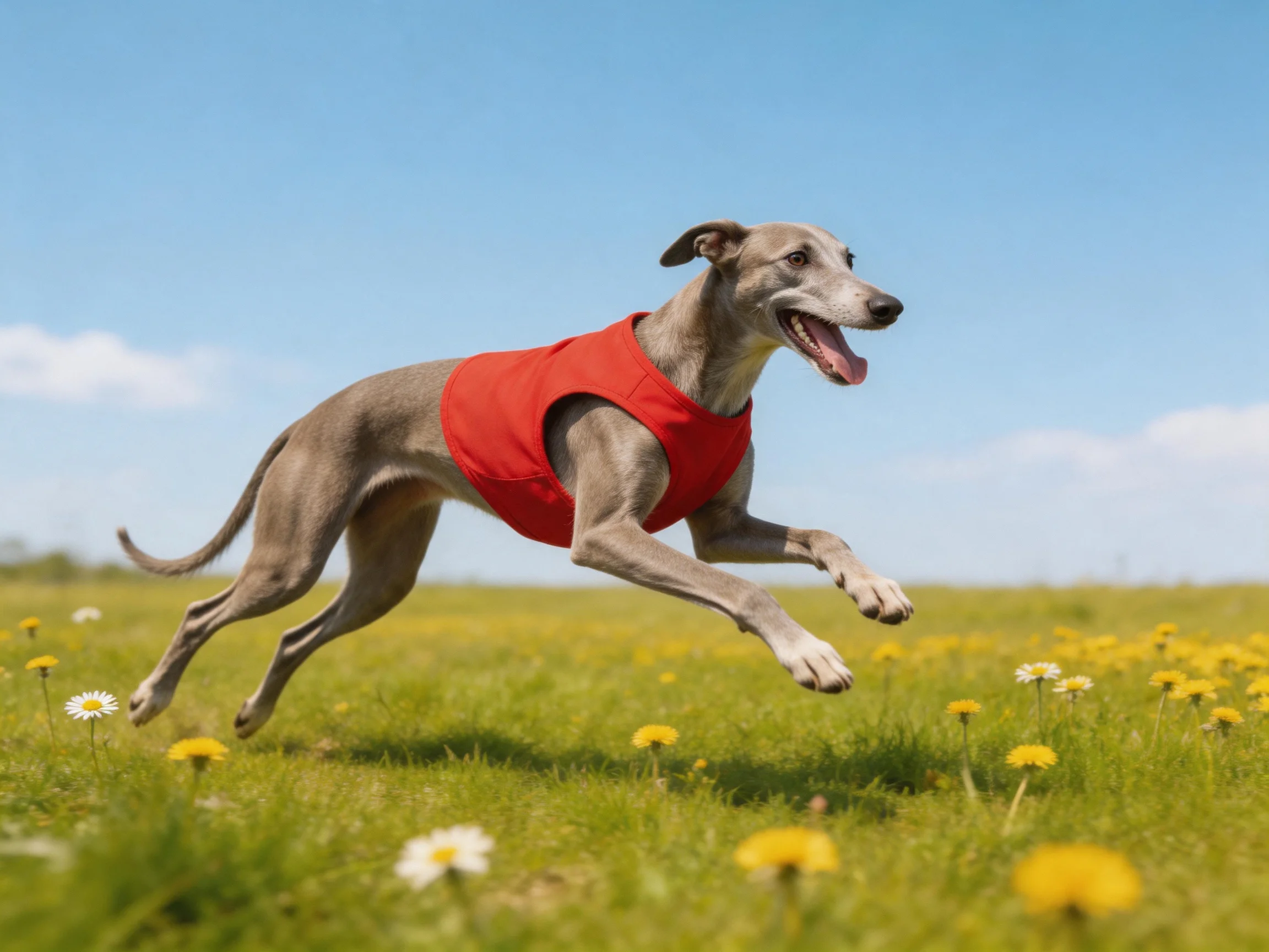 A greyhound dog in a red vest runs through a flower-filled meadow