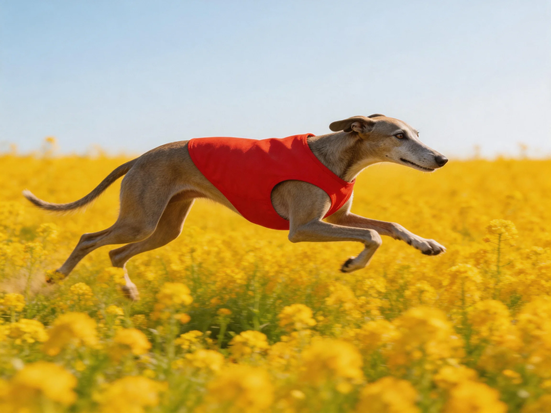 A greyhound in a bright red vest leaps through a golden flower field