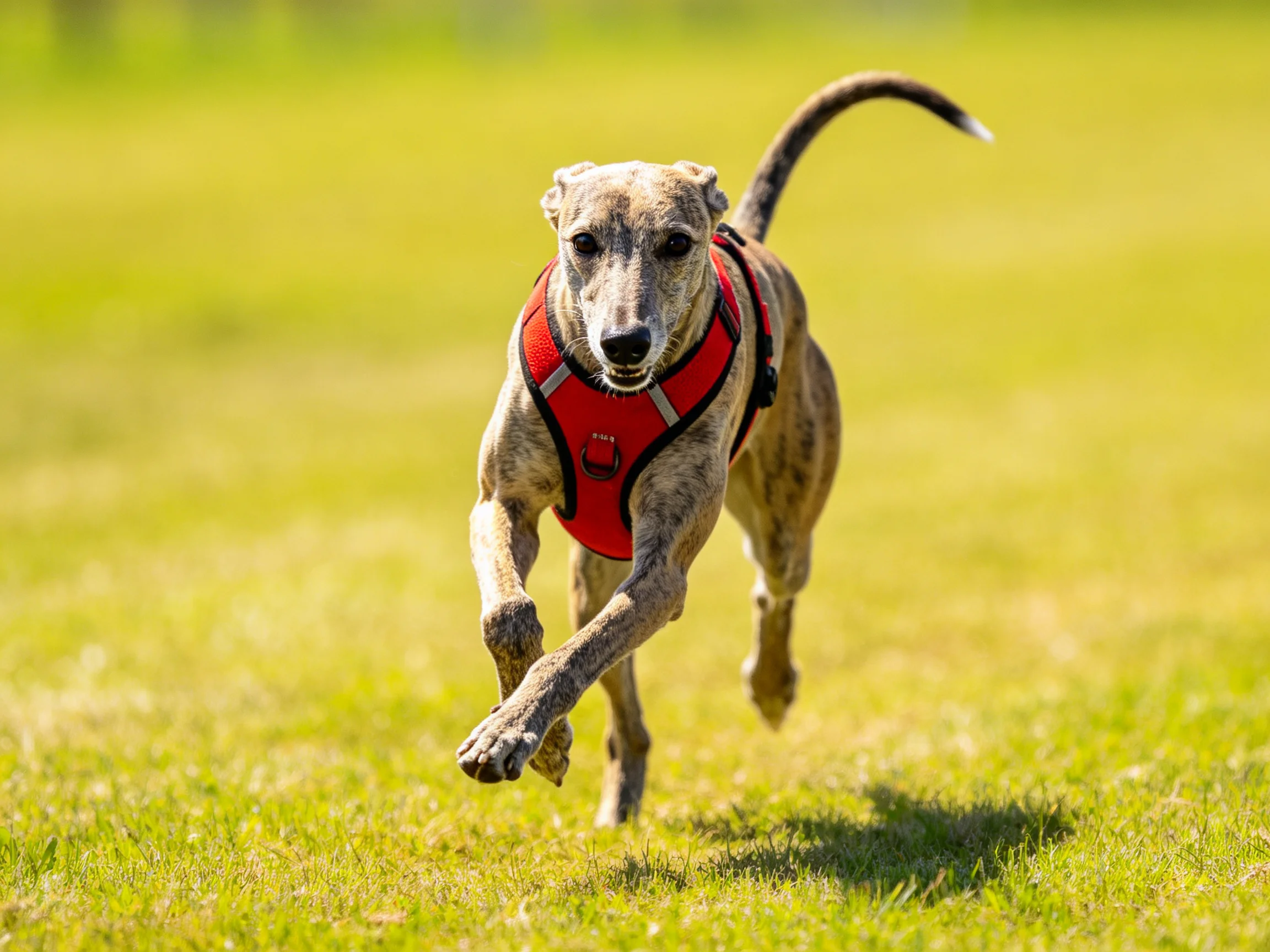 A greyhound in a red harness runs across a green field