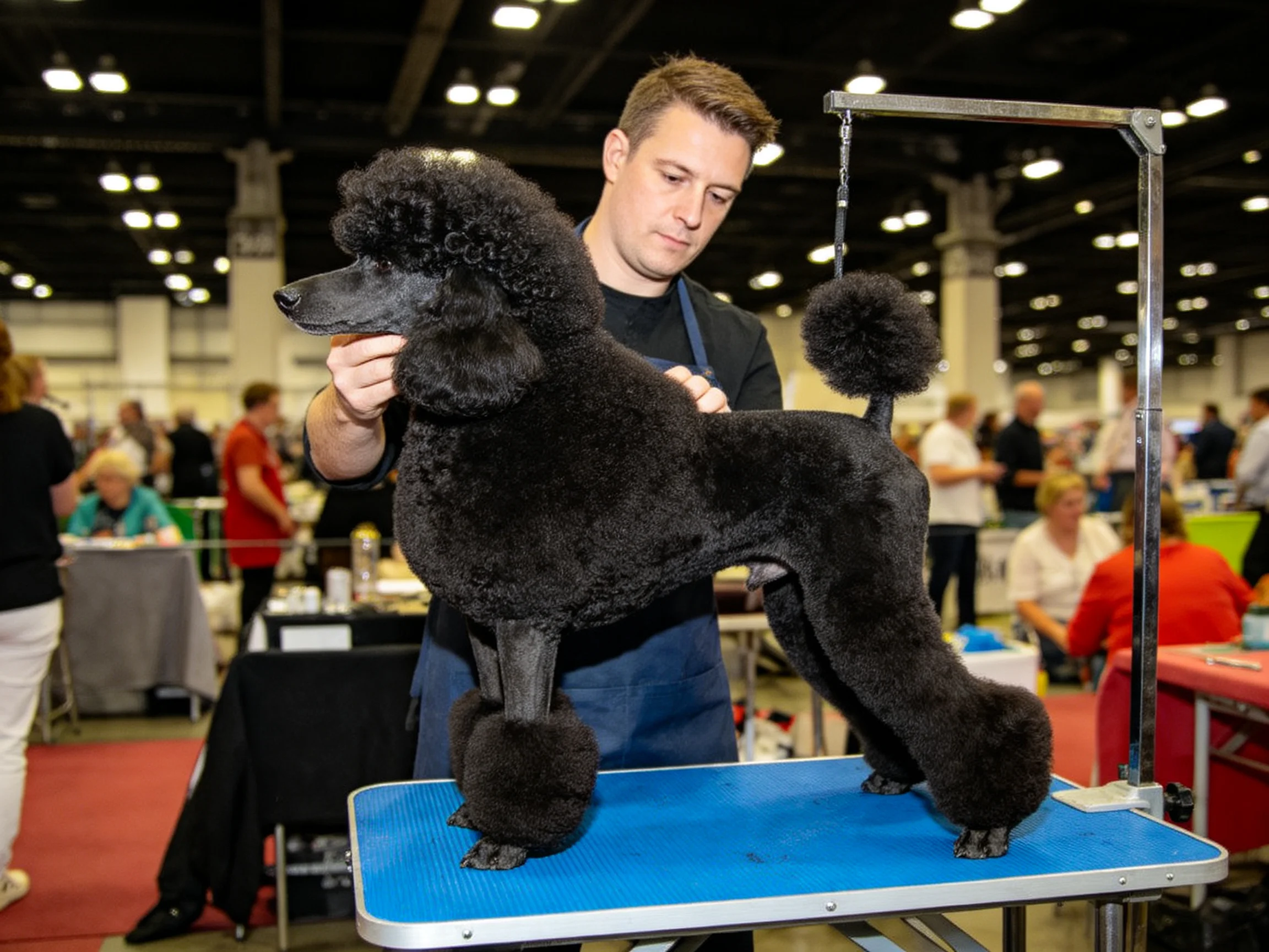 A groomer tends to a neatly groomed black poodle at a busy indoor event