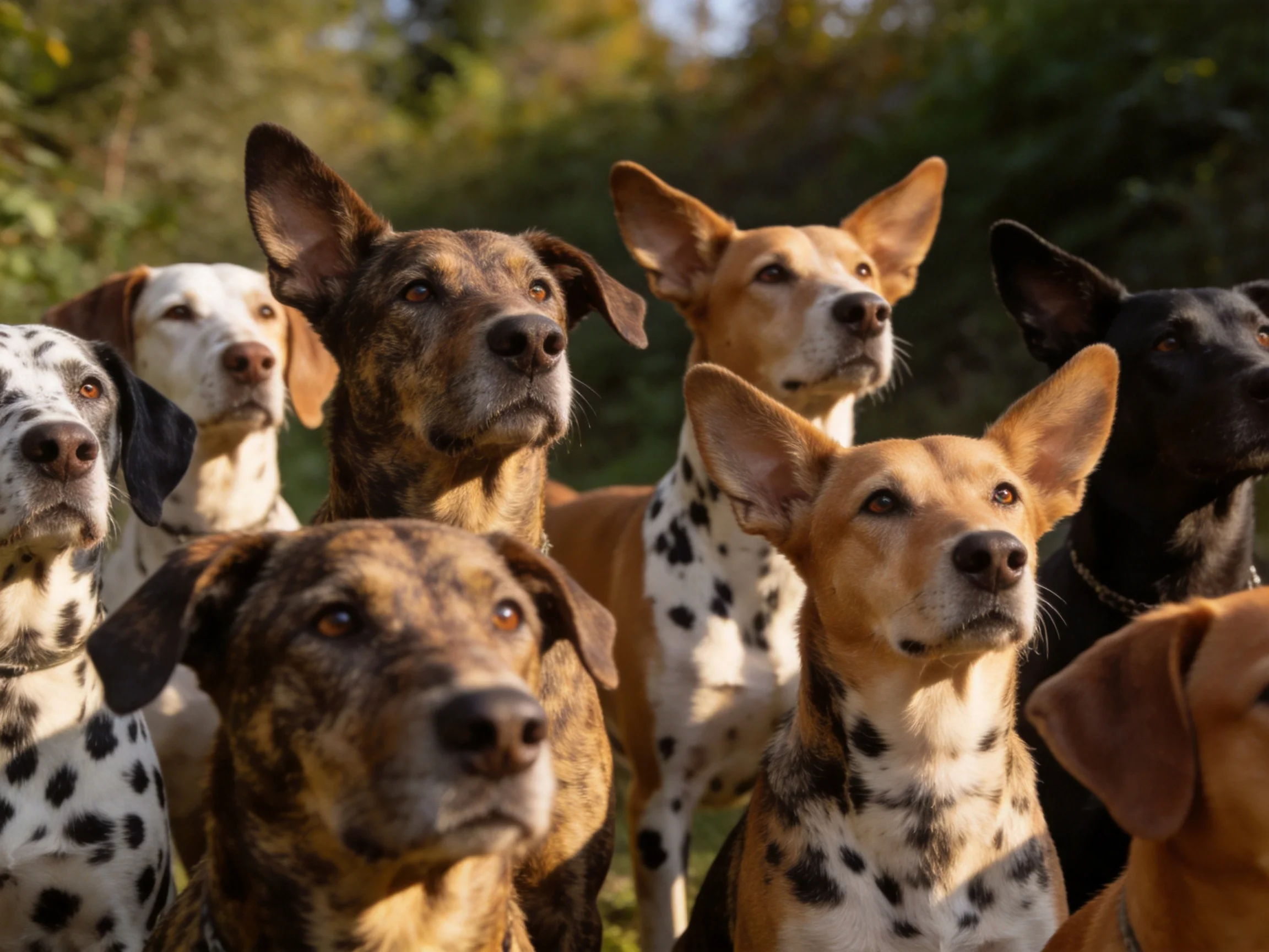 A group of mixed-breed dogs with varied coat patterns gathered outdoors