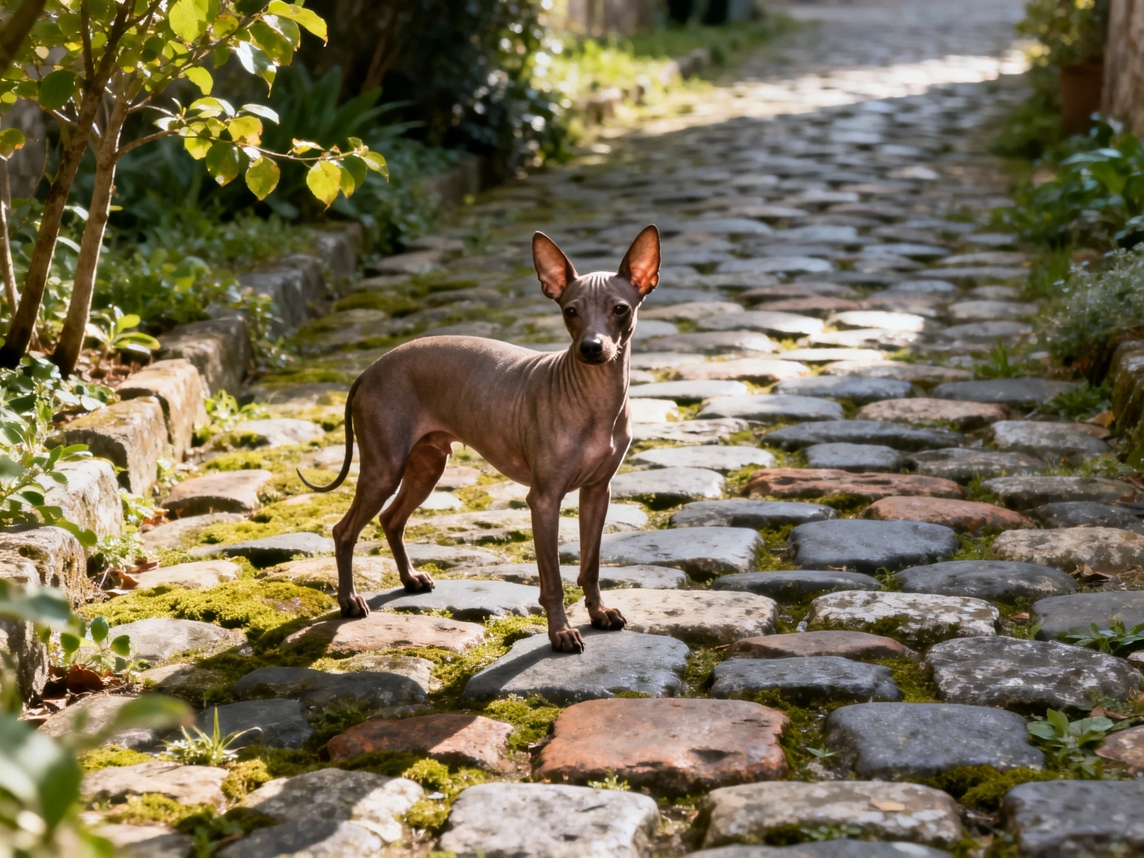 A hairless brown dog stands on a moss-covered cobblestone path