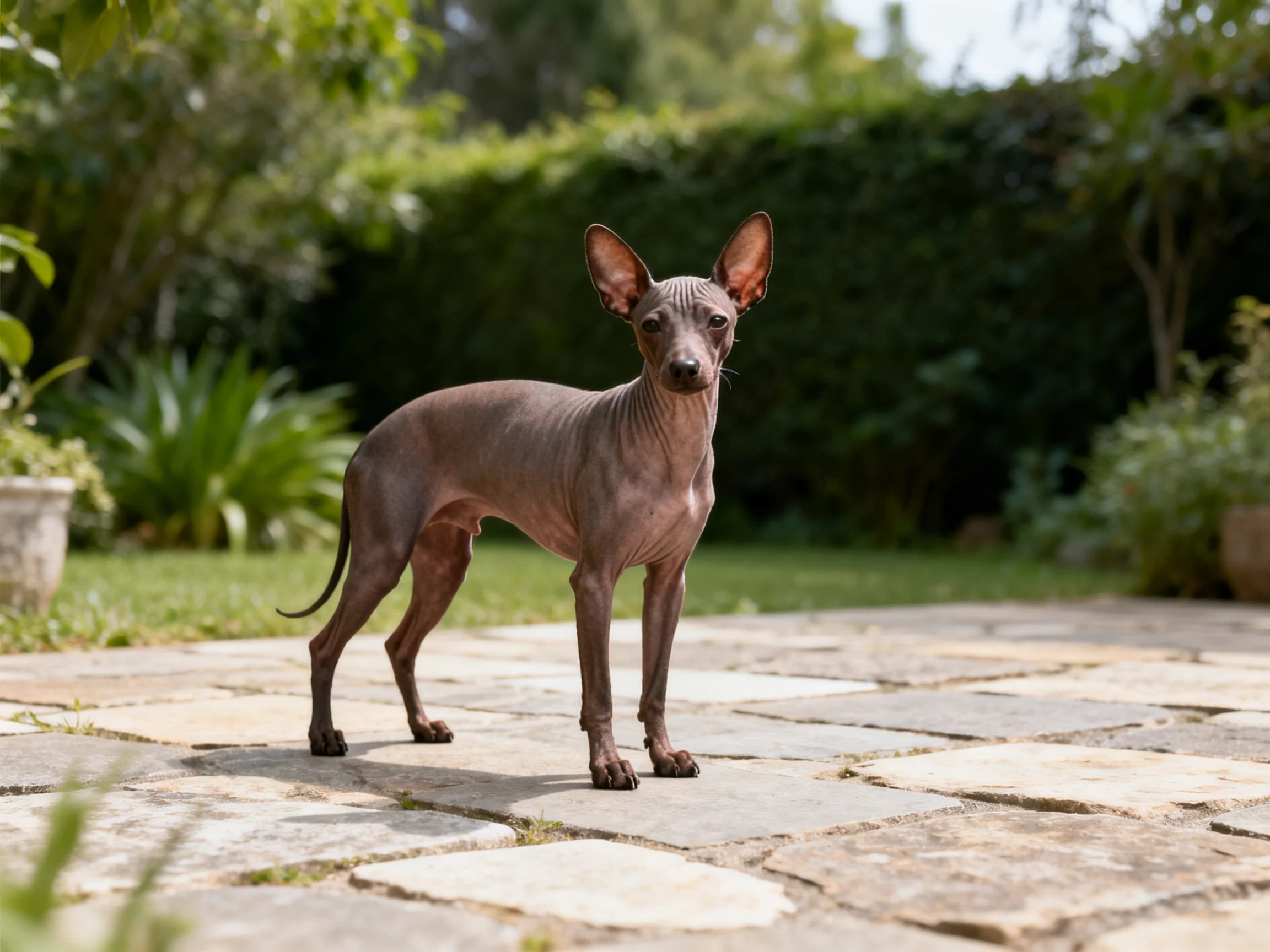 A hairless brown dog stands on a stone patio in a lush garden