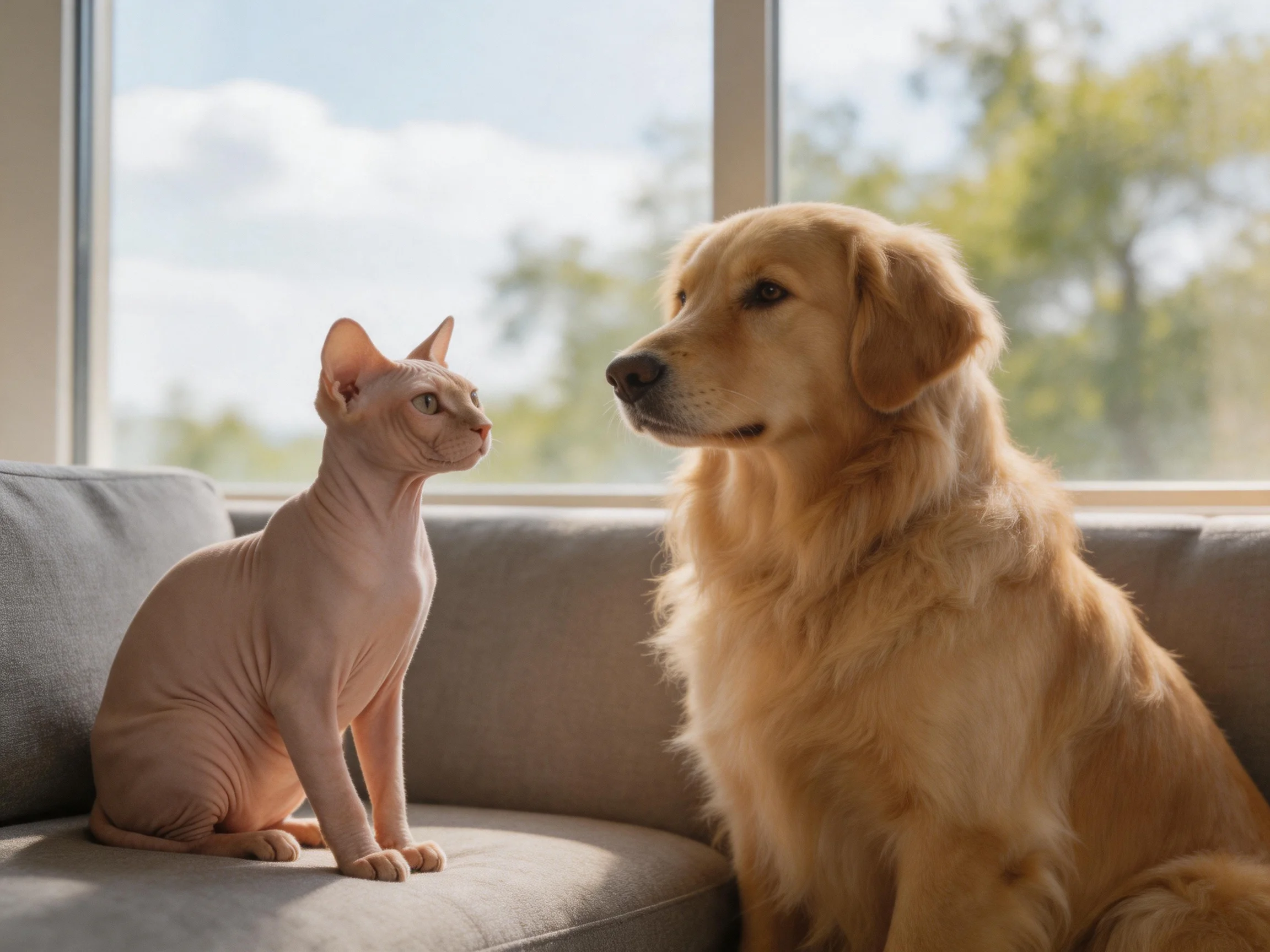 A hairless cat and golden retriever sit side by side on a gray couch near large windows.