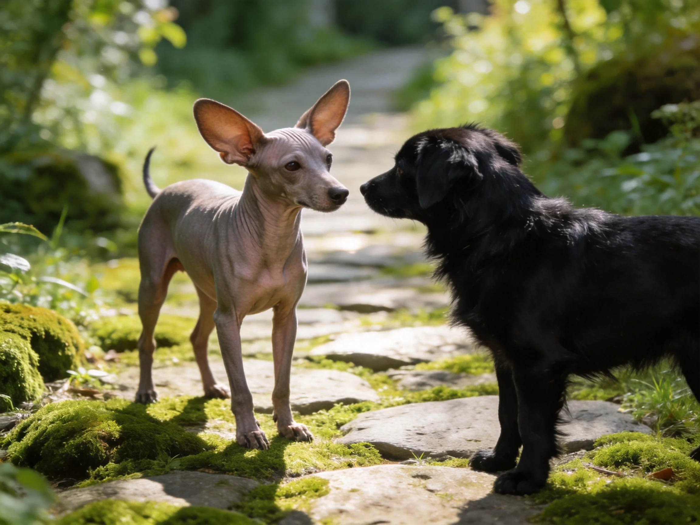 A hairless dog and a black dog interact on a mossy stone path