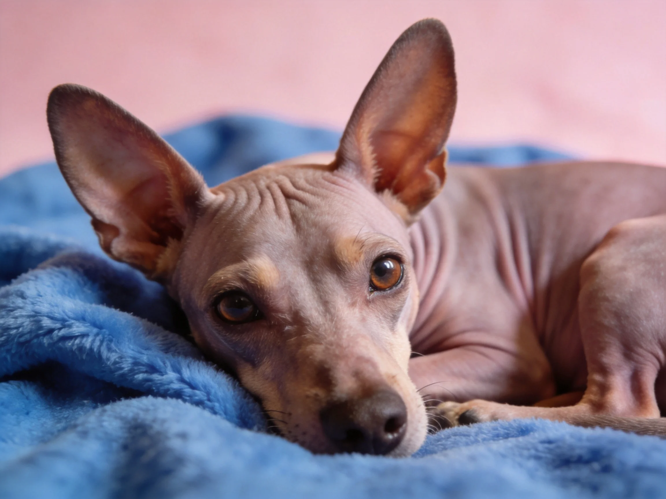 A hairless dog relaxes on a plush blue blanket with a pink backdrop