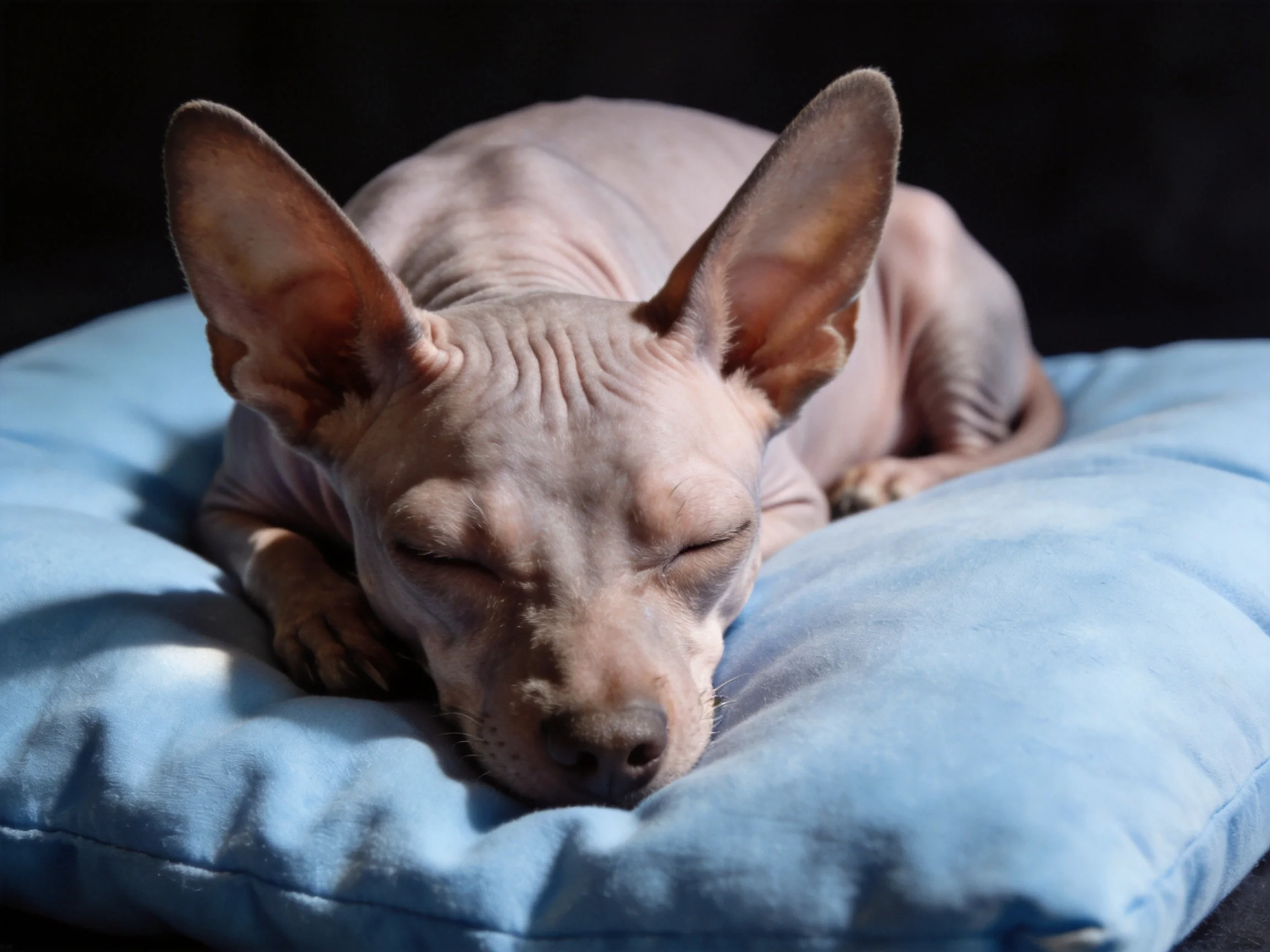 A hairless dog sleeps on a soft blue cushion