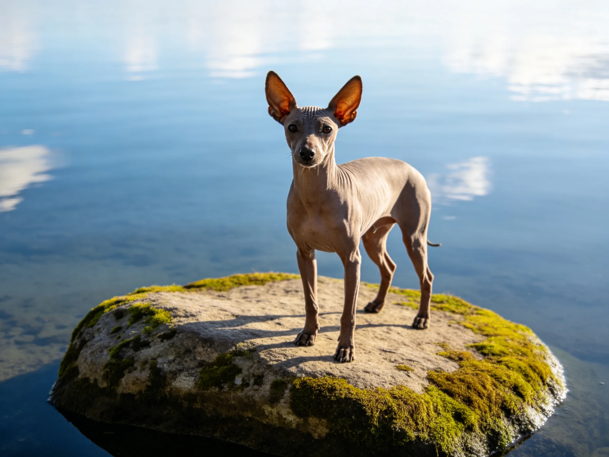 A hairless dog stands on a moss - covered rock by calm water