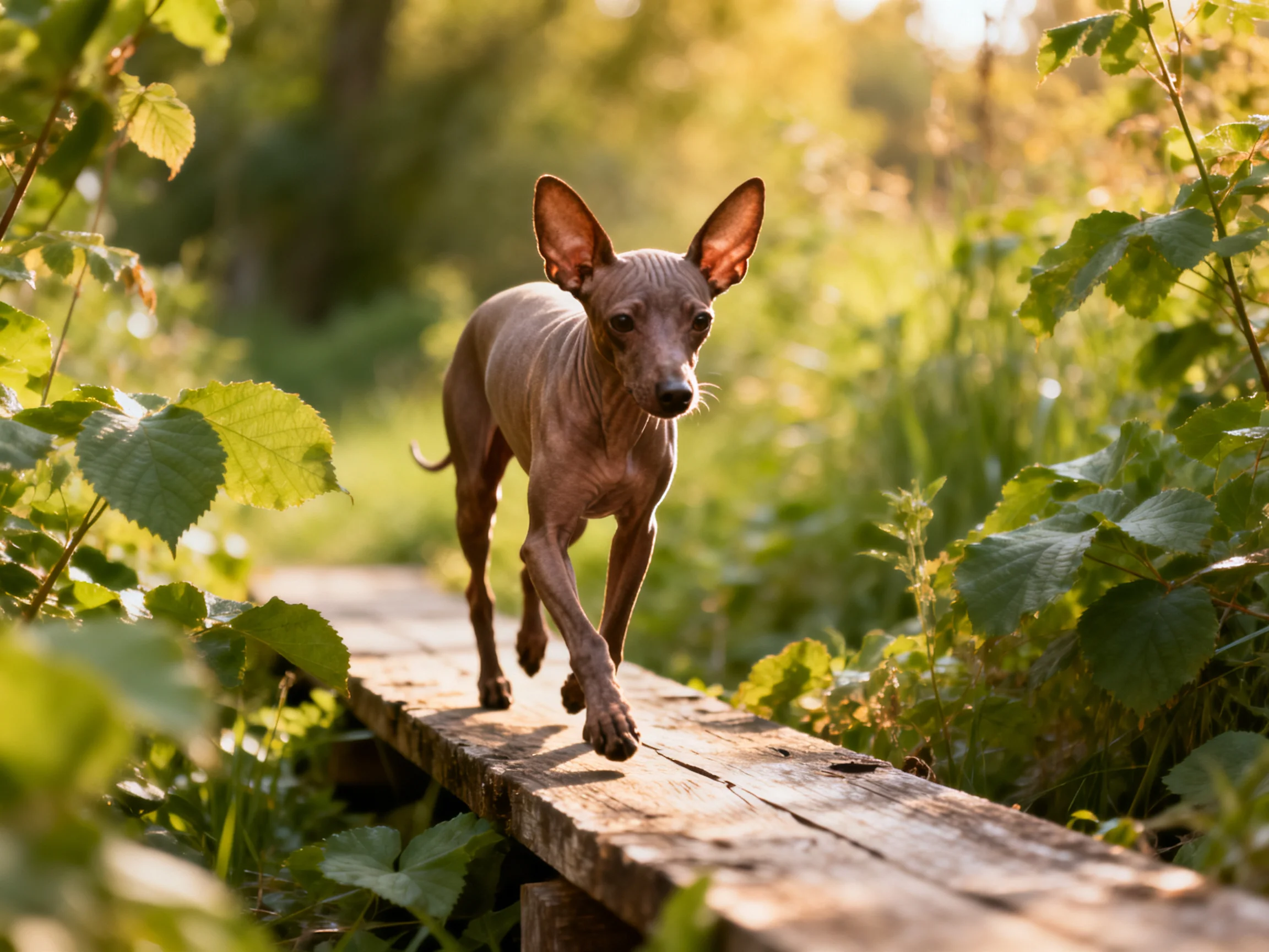 A hairless dog traverses a weathered wooden bridge amid lush green foliage
