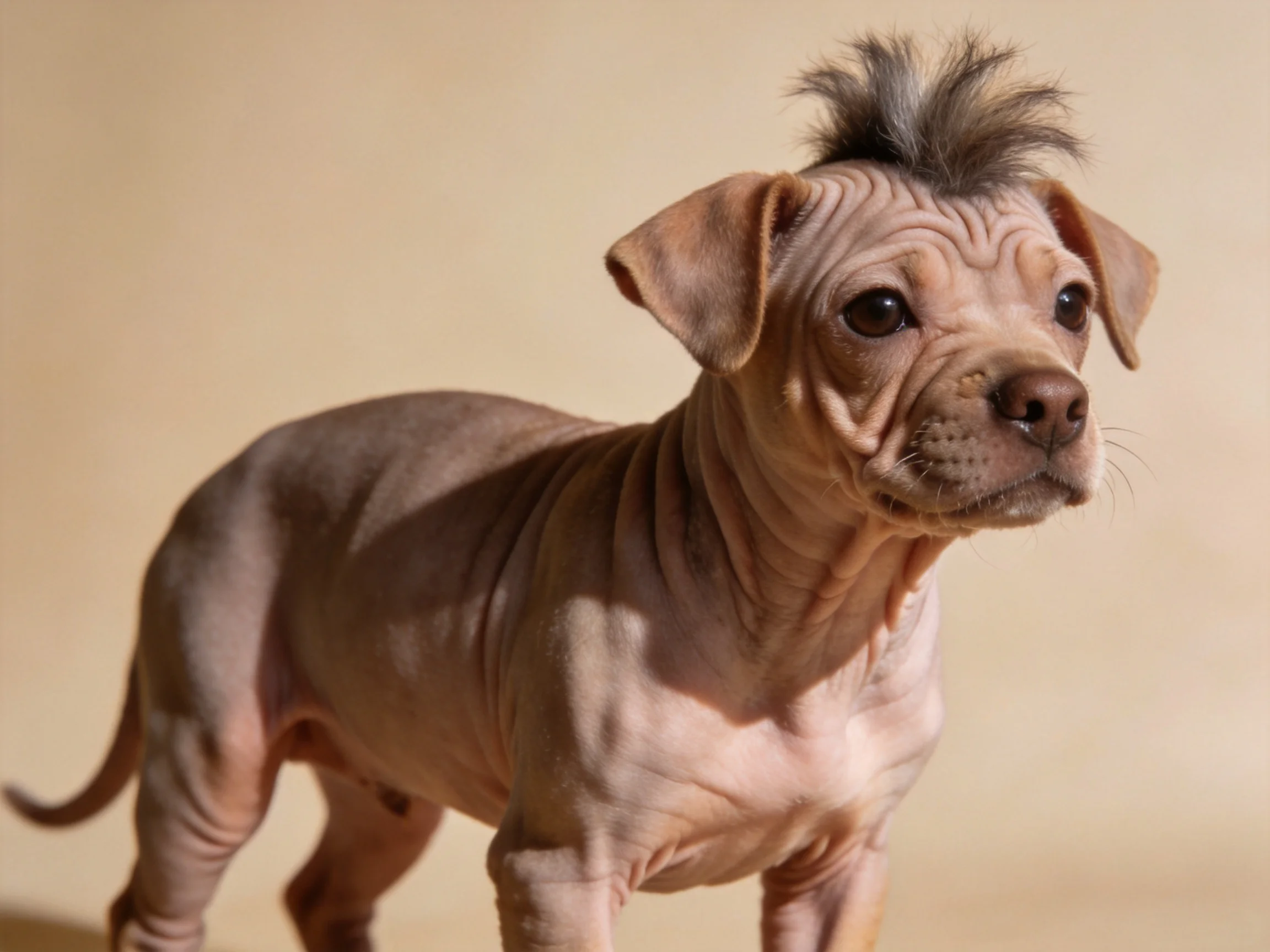 A hairless dog with a tufted hairstyle stands a plain beige surface