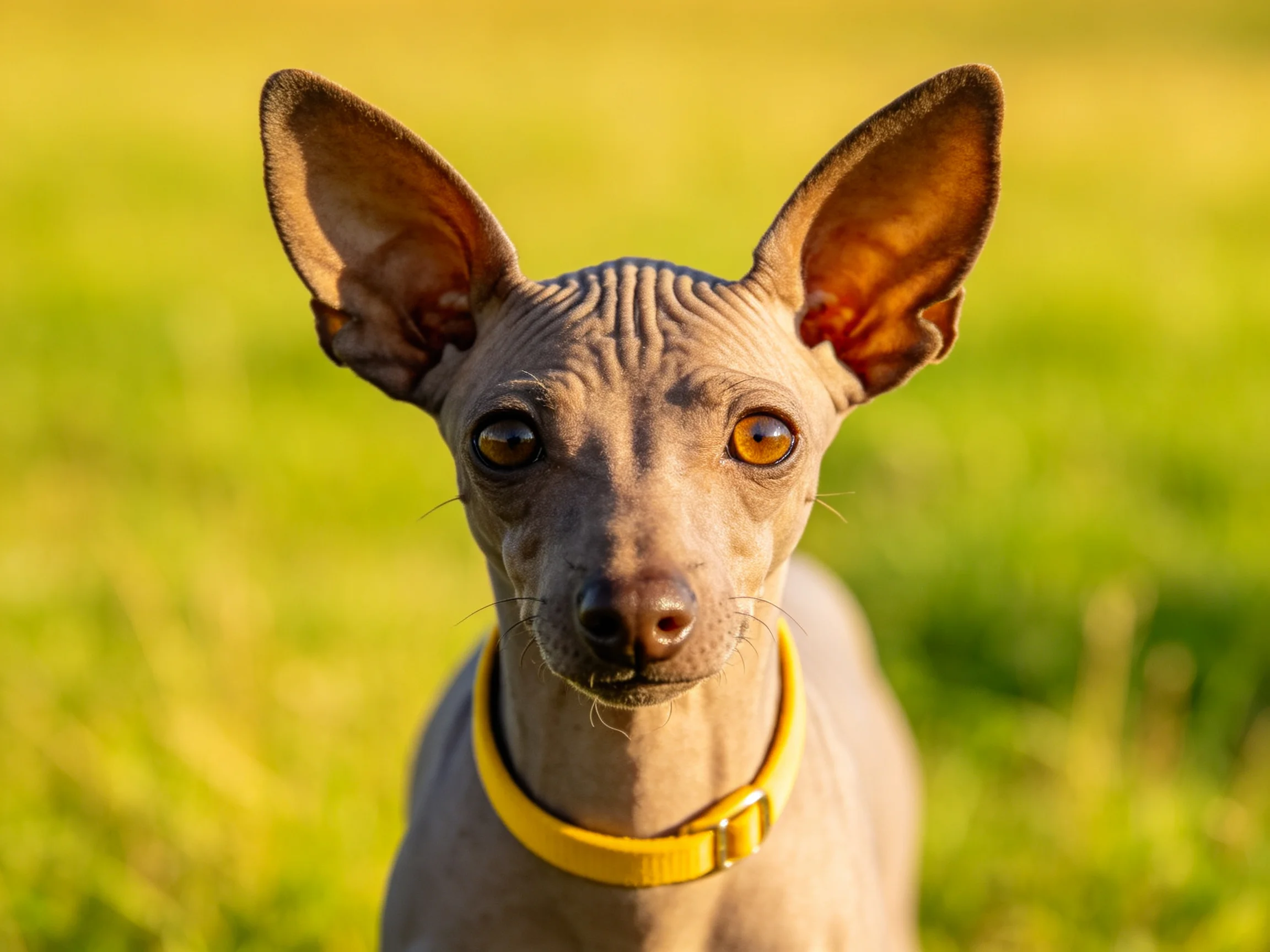 A hairless dog with large ears sports a bright yellow collar in a sunlit meadow