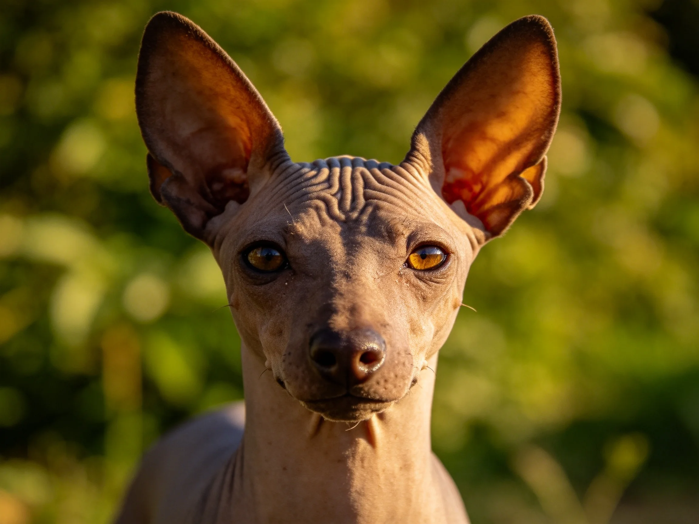 A hairless dog with large upright ears against a soft green bokeh backdrop