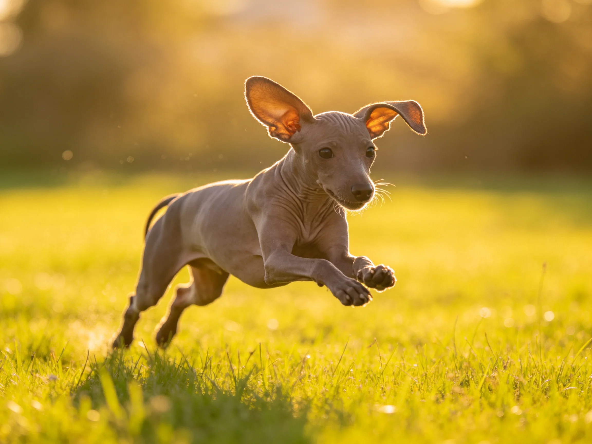 A hairless puppy runs energetically across sunlit grass in a golden field.