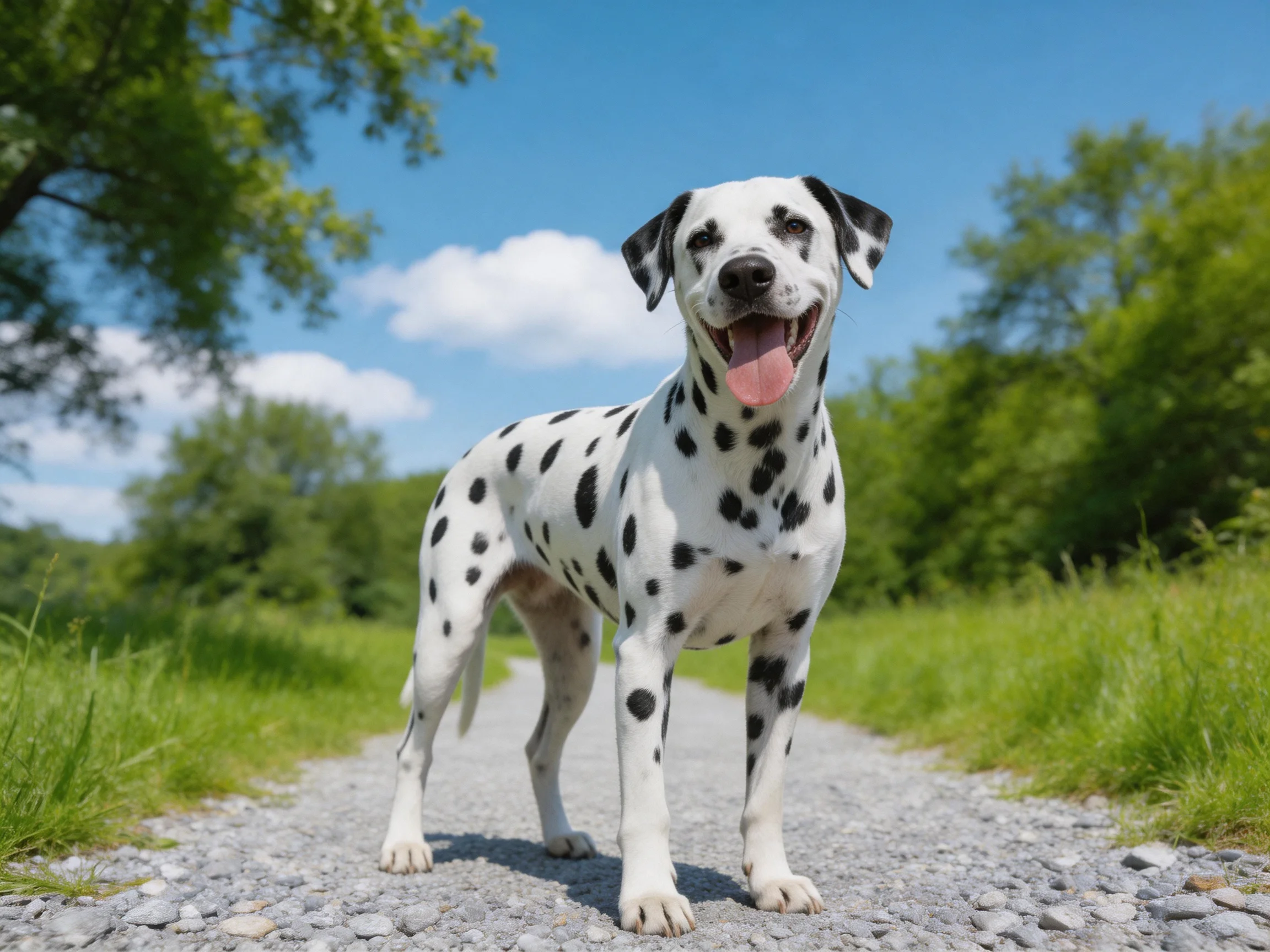 A Dalmatian dog stands happily on a gravel path in a sunny outdoor area.