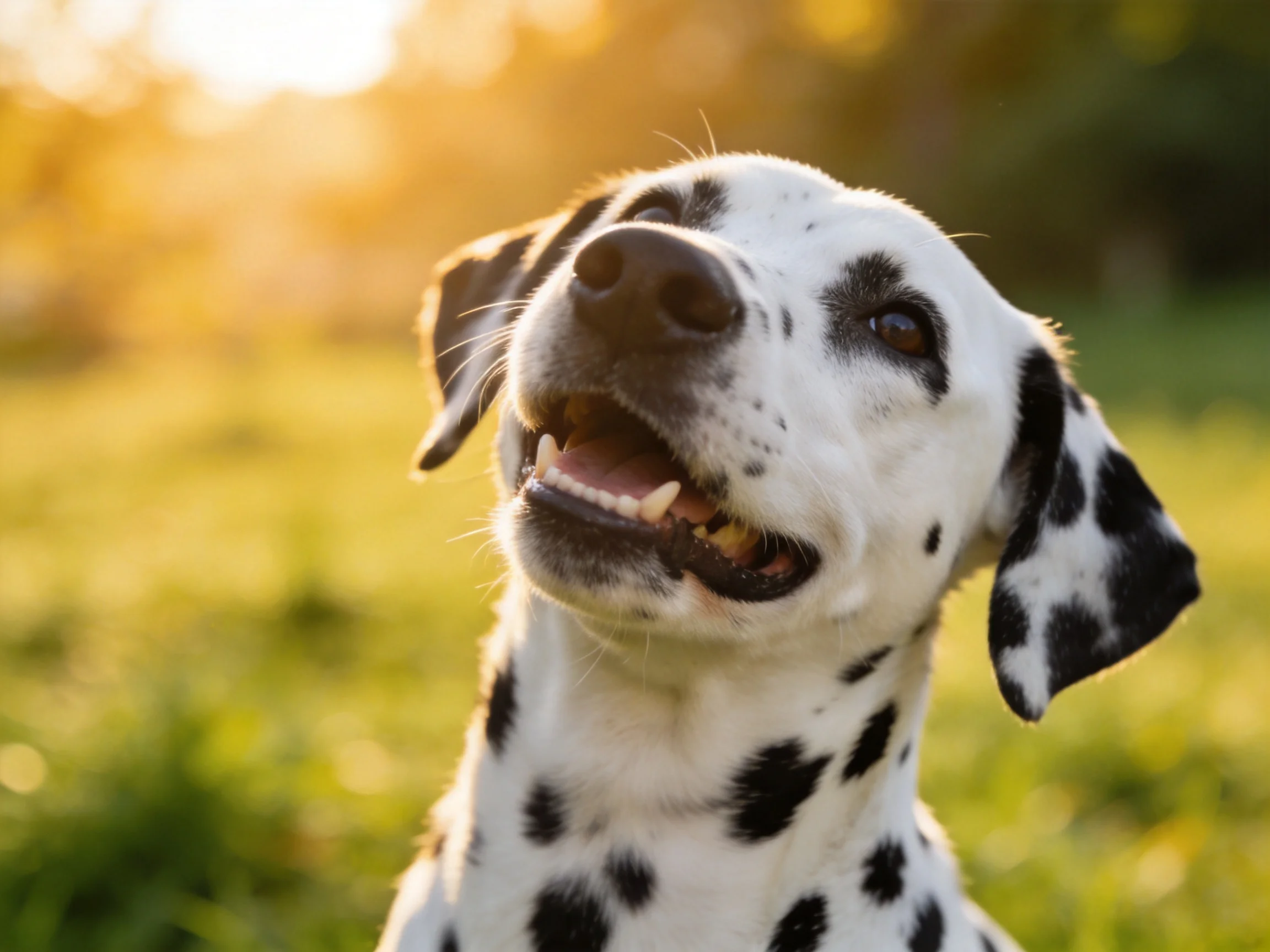A happy Dalmatian with black spots enjoys the sunlit green field.