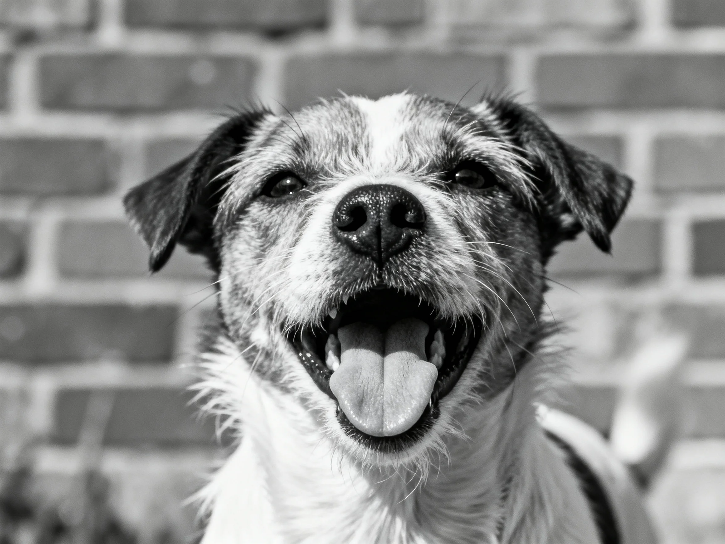 A happy mixed - breed dog smiling near a brick wall