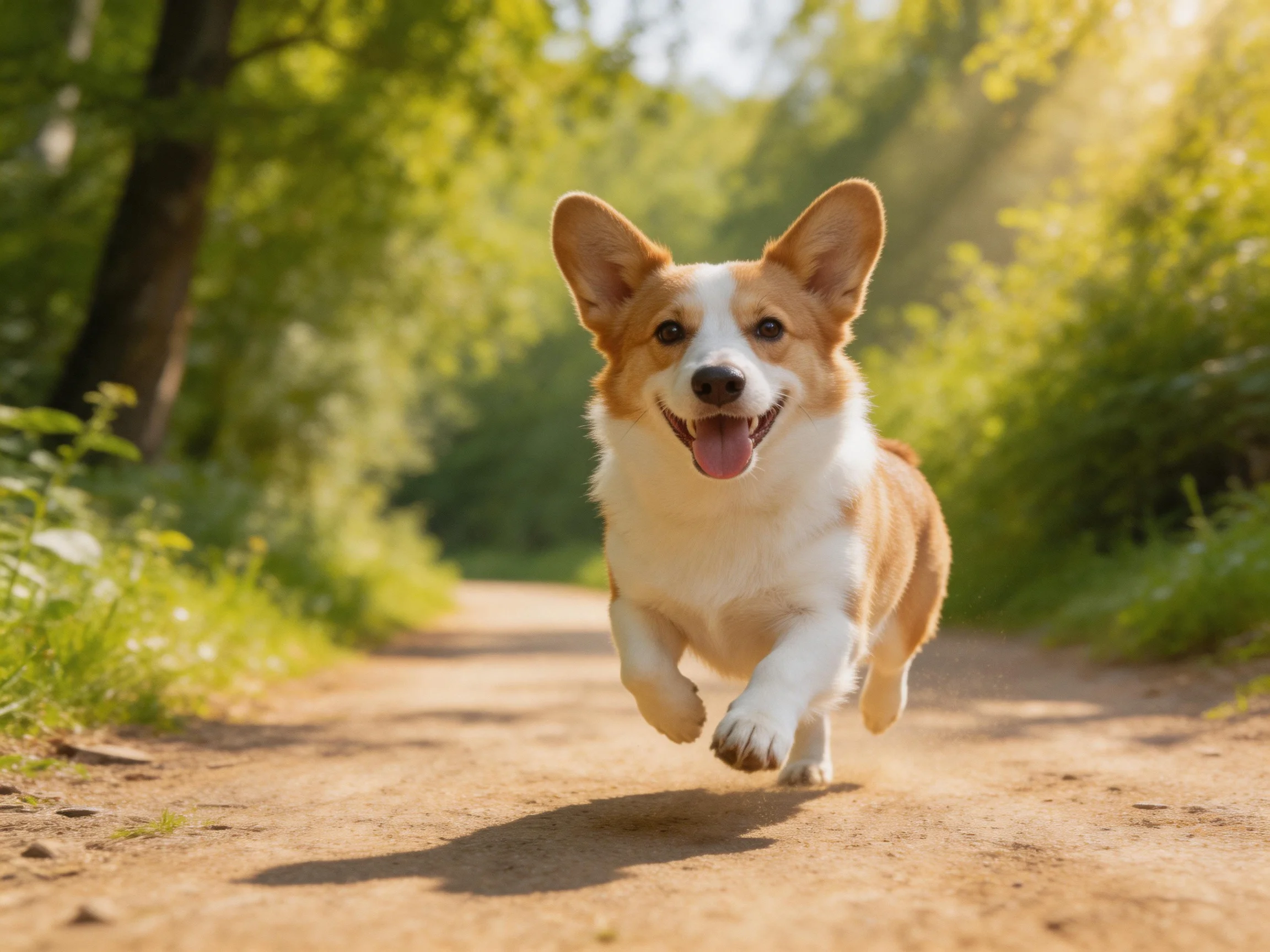 A happy tan-and-white corgi runs along a sunlit dirt path