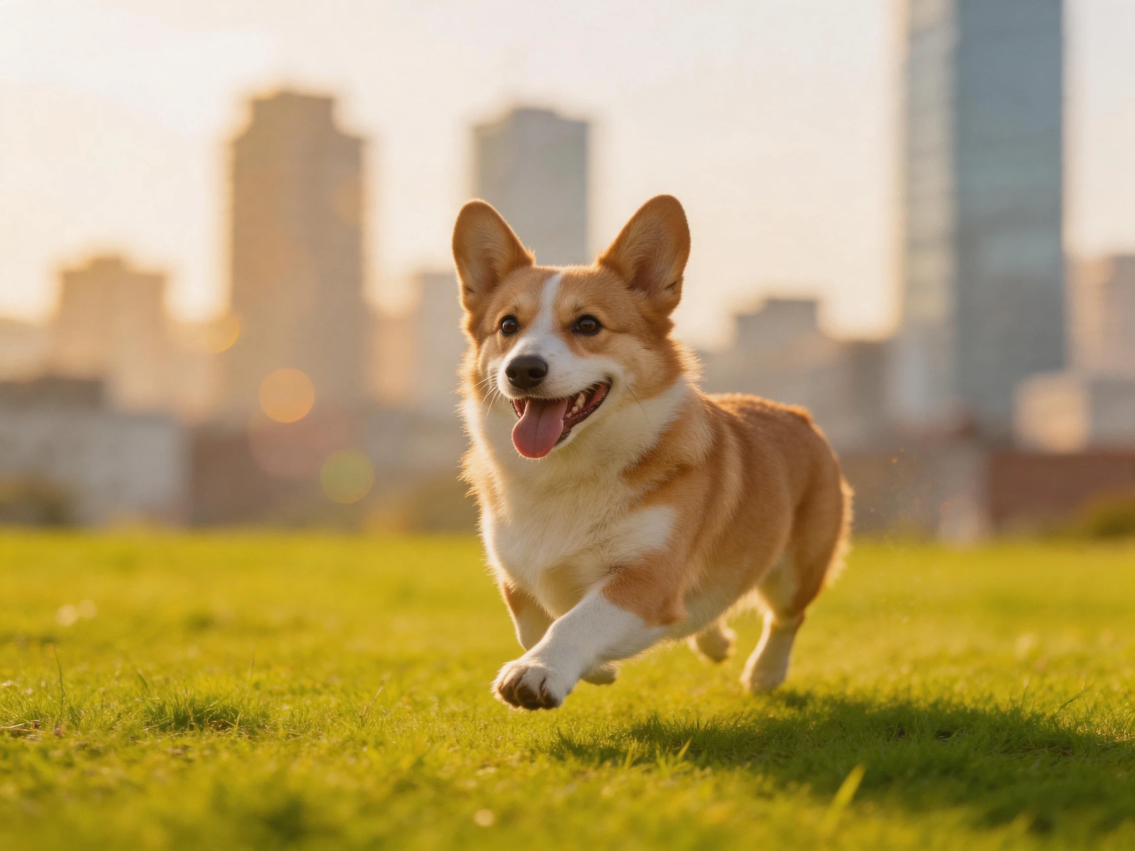 A happy tan and white corgi runs on lush green grass with city buildings behind