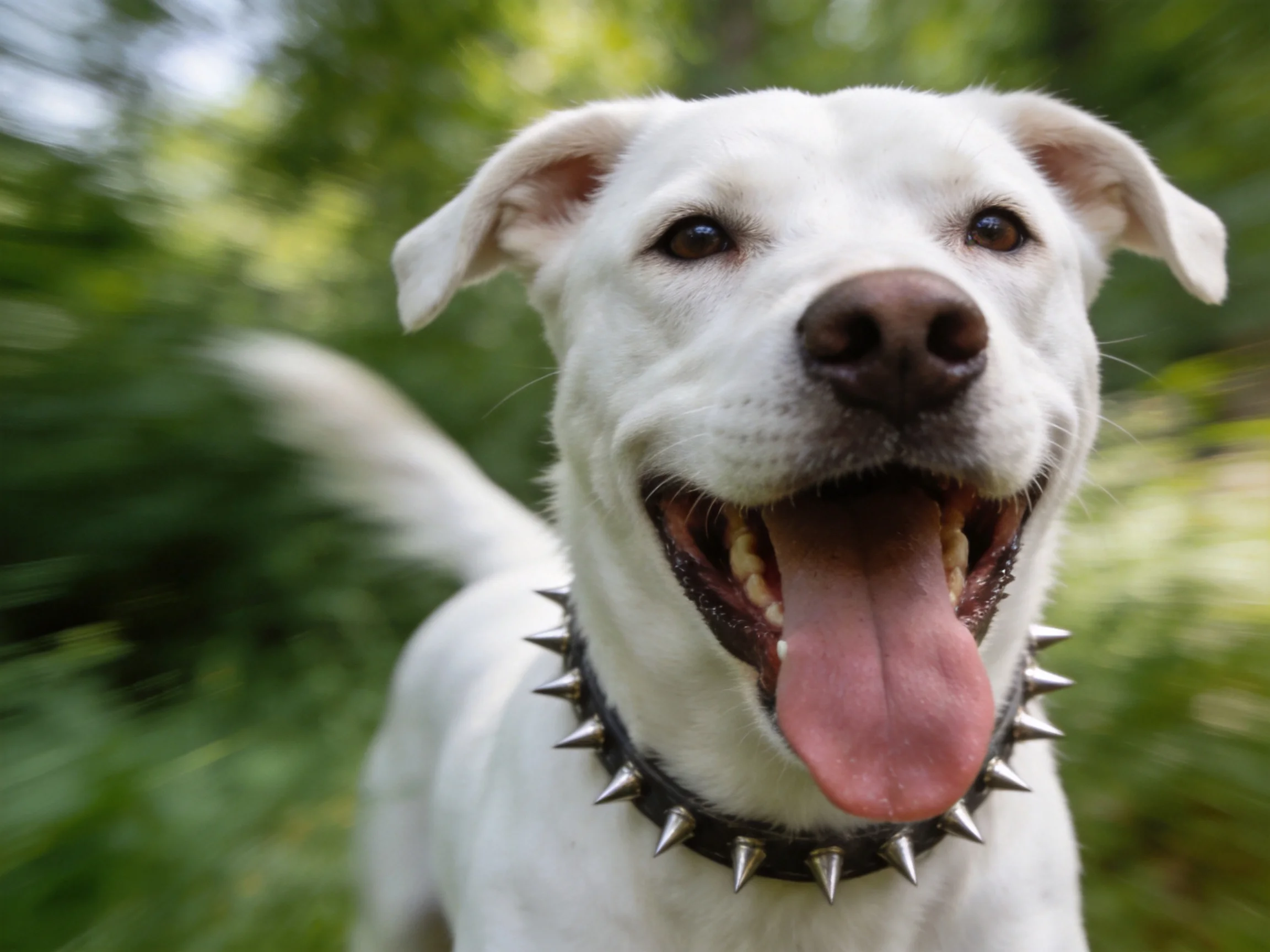 A happy white dog wearing a spiked collar in a green outdoor setting