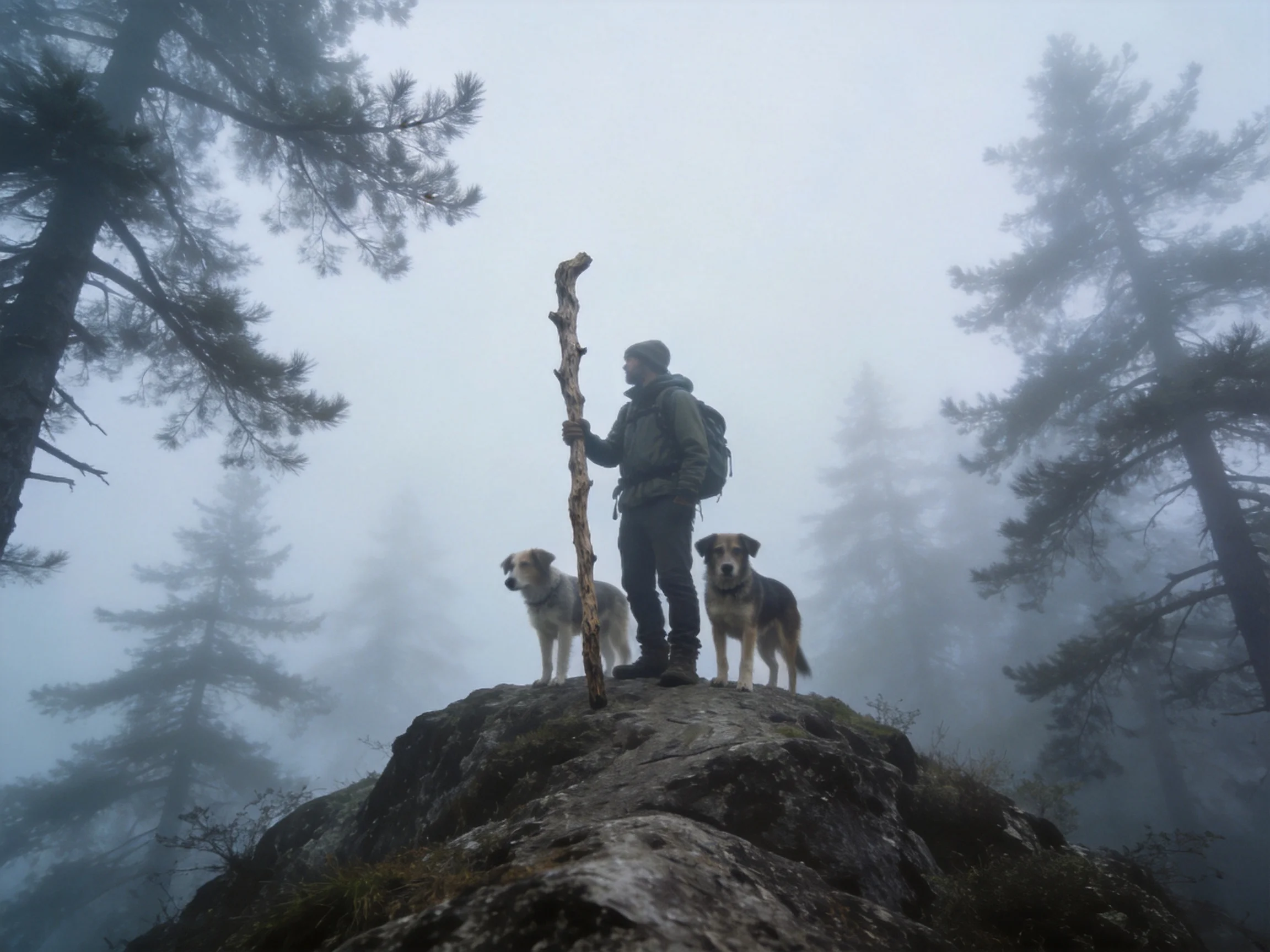 A hiker with two dogs stands atop a foggy rocky outcrop holding a wooden staff