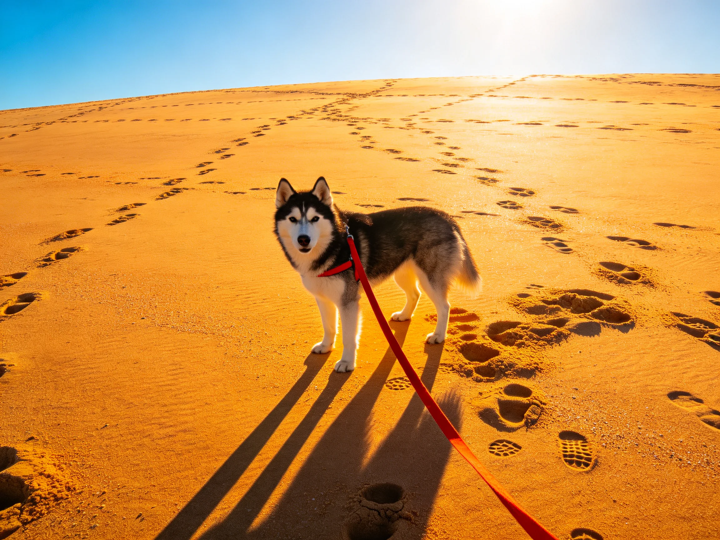 A husky dog on golden sand dunes with footprints