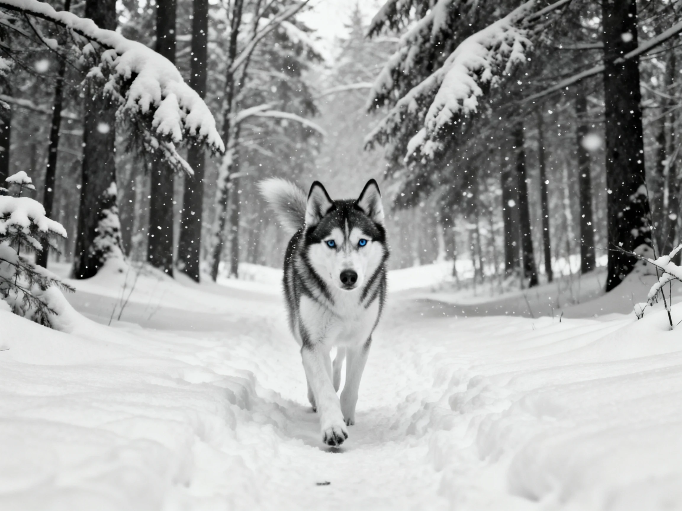 A husky dog treks through a snow-draped forest path