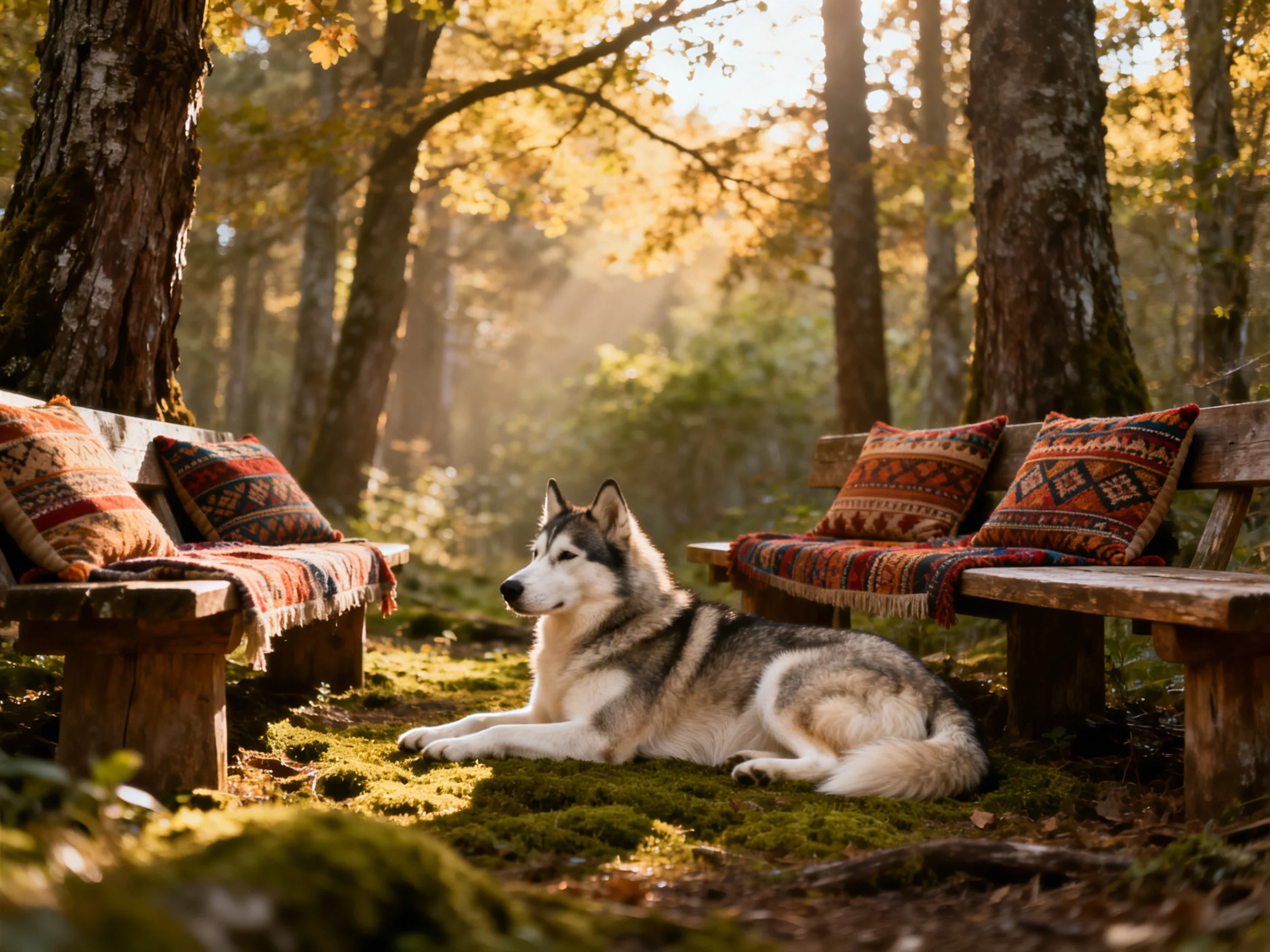 A husky rests near two wooden benches with patterned cushions in a sunlit forest
