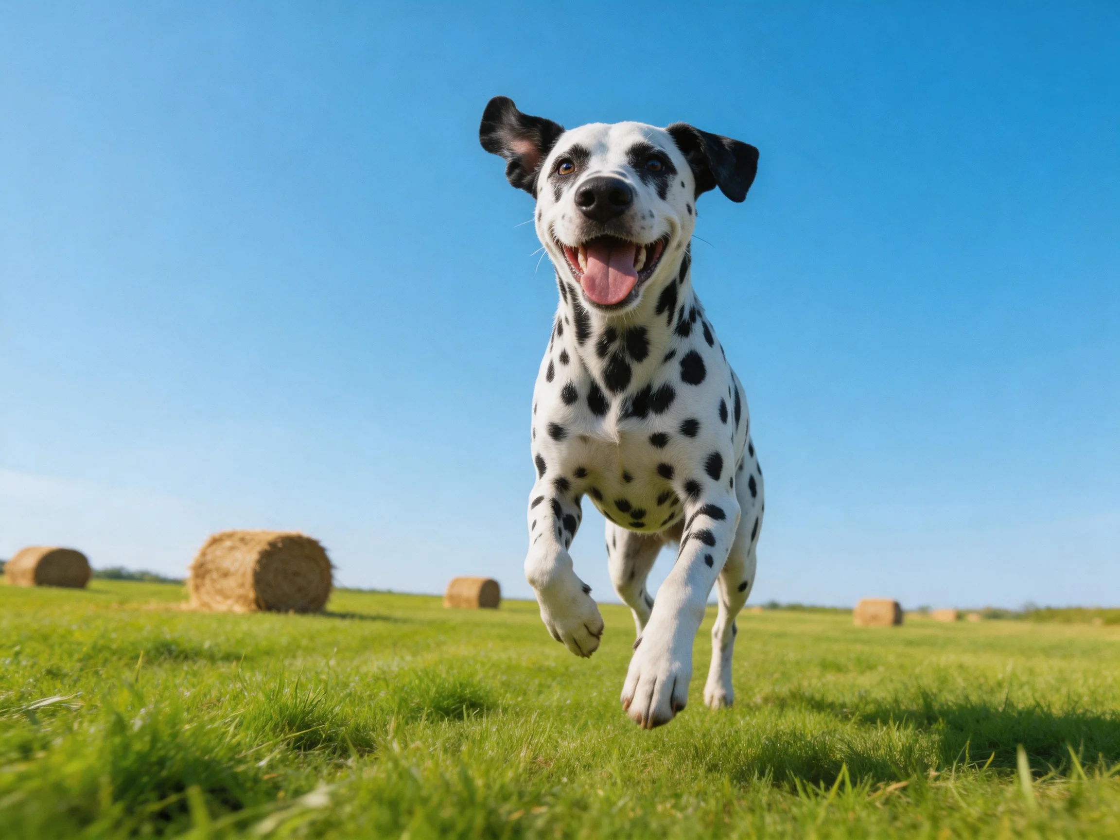 A joyful Dalmatian runs through a sunny green field with hay bales