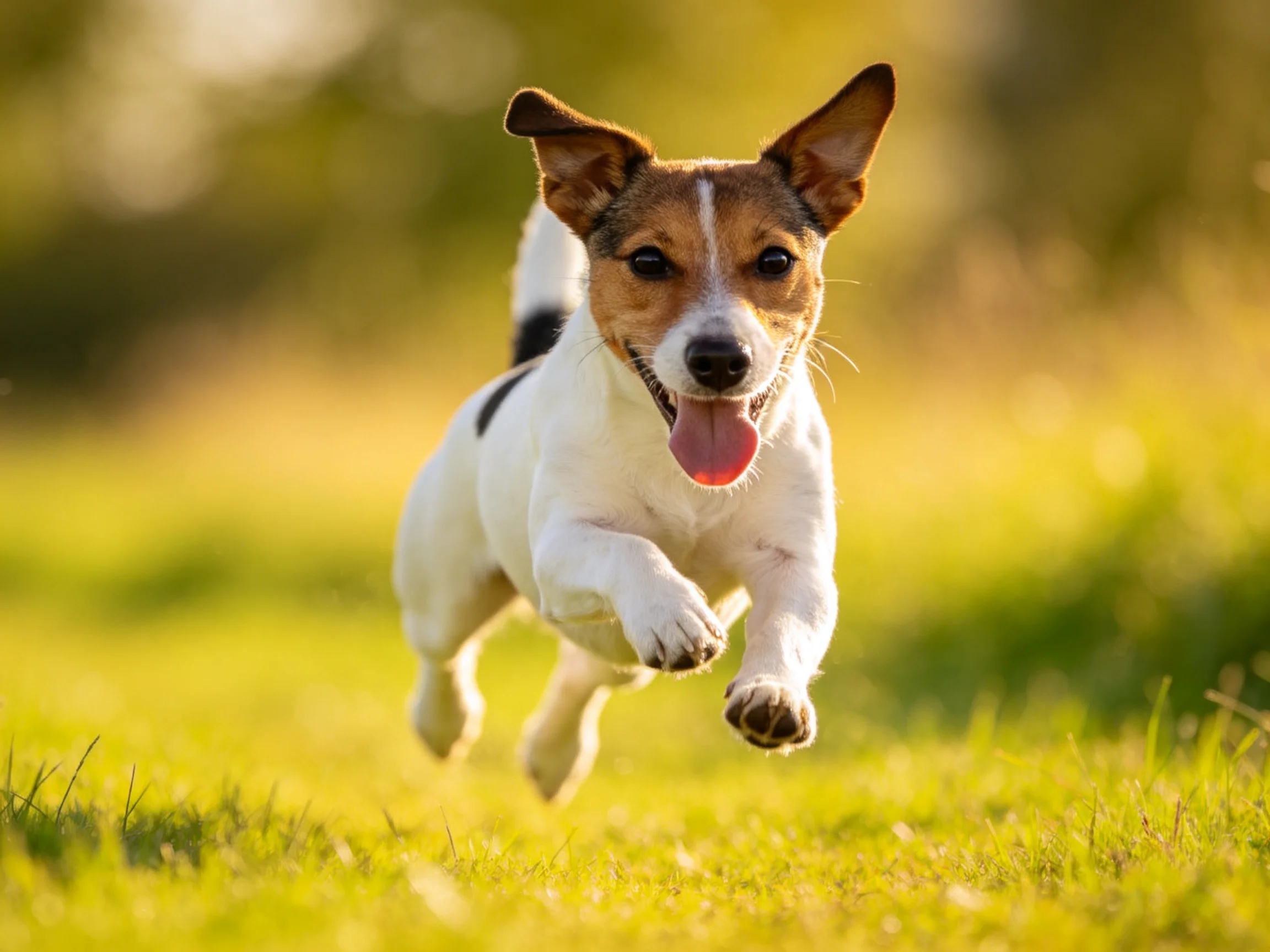 A joyful Jack Russell Terrier dashes across sunlit green grass
