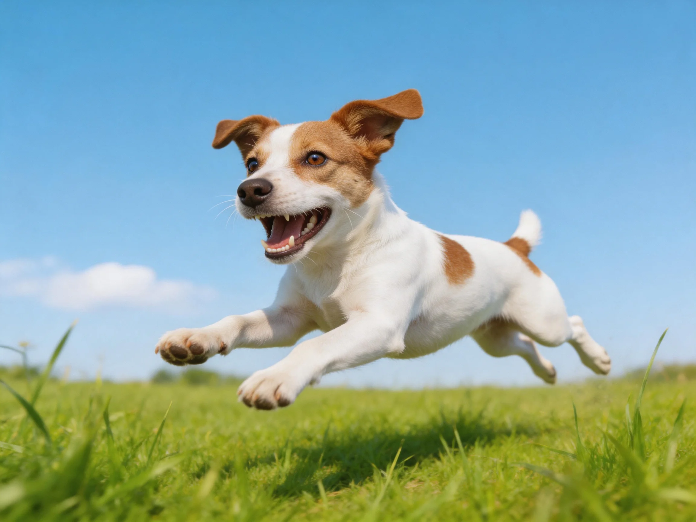 A happy dog leaps joyfully across a bright green field under a clear blue sky.