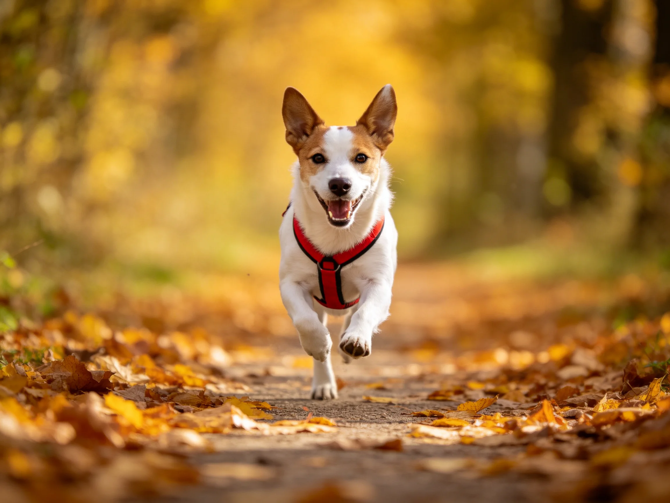 A joyful Jack Russell terrier runs through golden autumn leaves on a leaf-strewn path