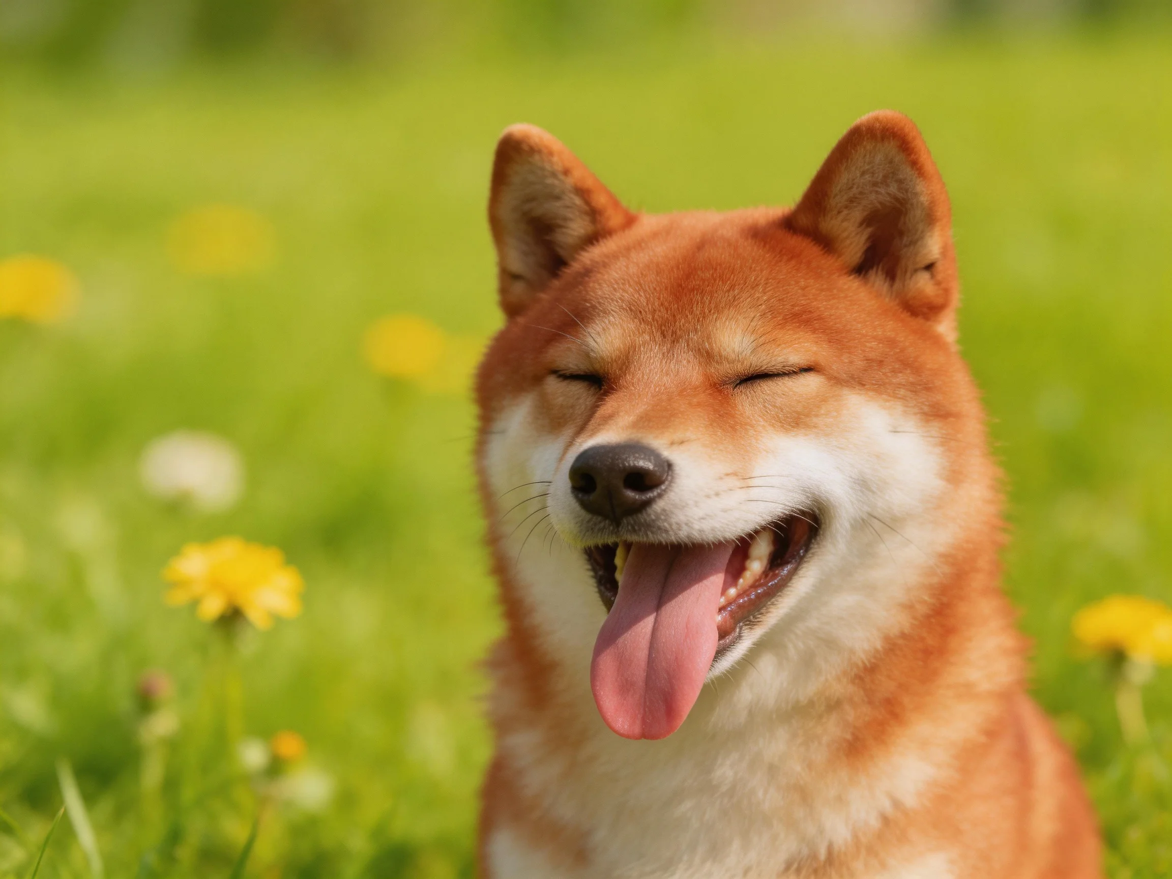 A joyful Shiba Inu enjoys a sunny meadow with green grass and yellow flowers
