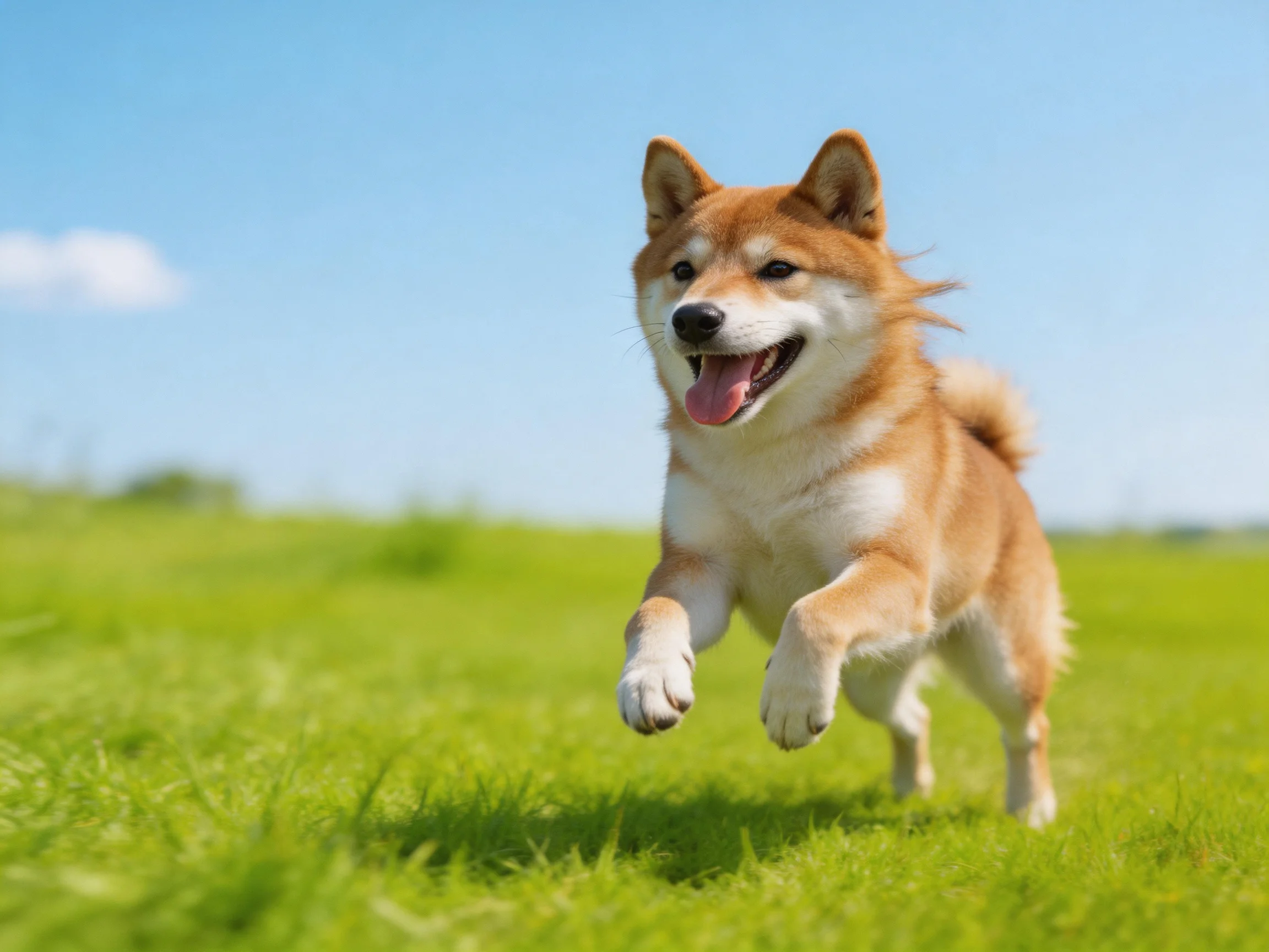 A joyful Shiba Inu runs through a bright green meadow under clear blue sky