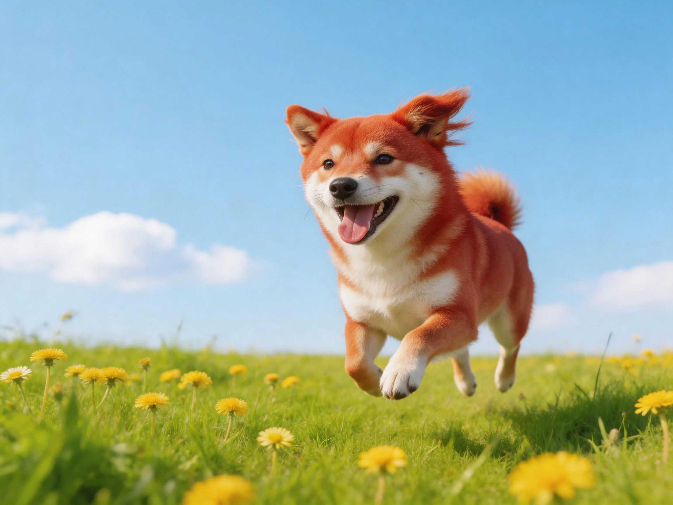 A joyful Shiba Inu runs through a field of yellow dandelions under bright blue sky