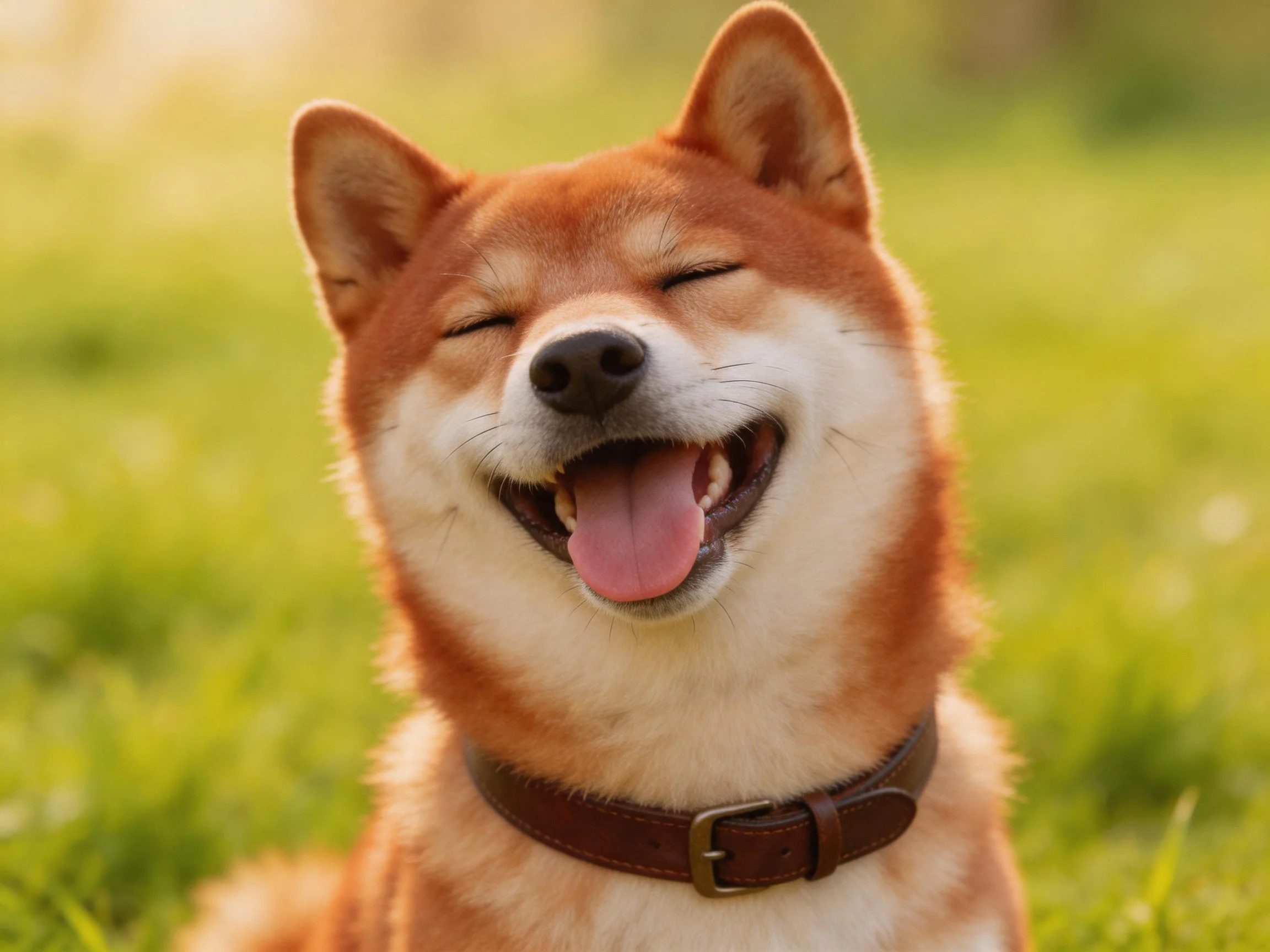 A joyful Shiba Inu with reddish-brown fur on green grass