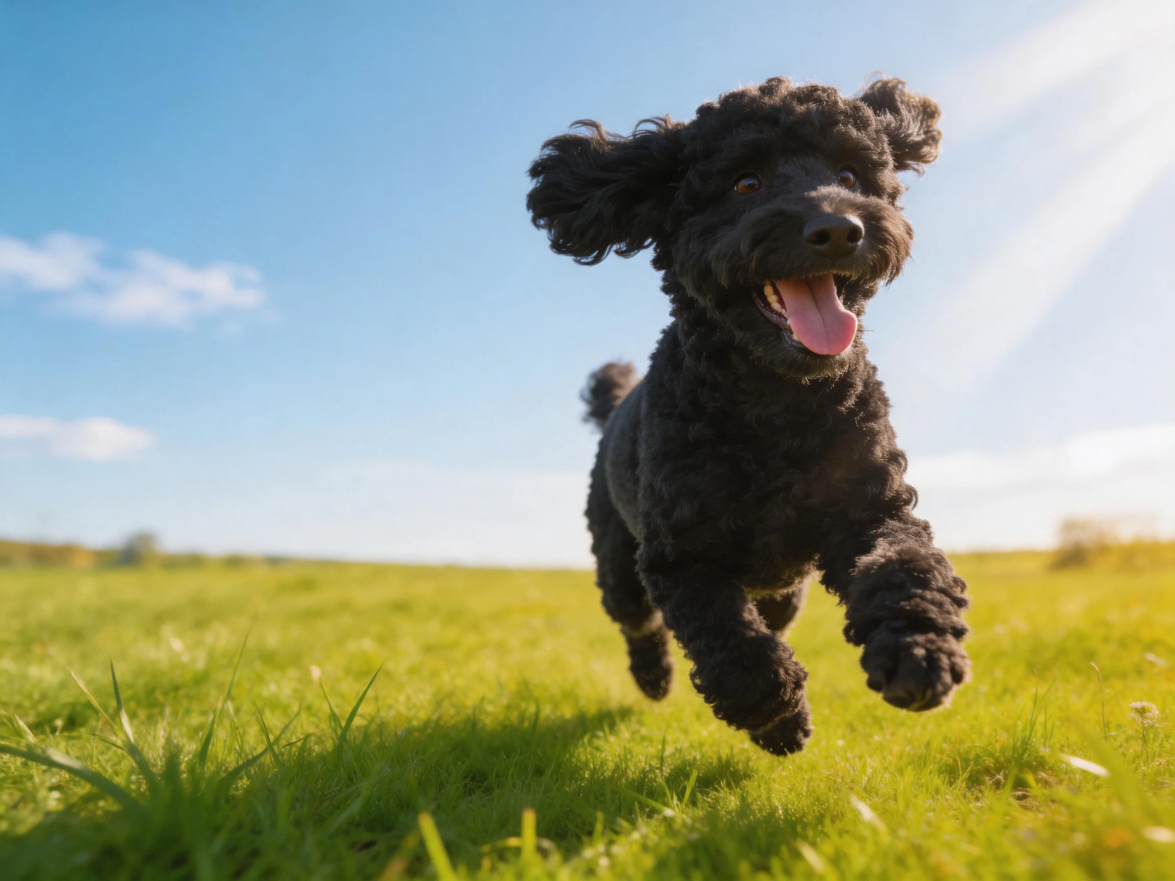 A joyful black dog running freely on a sunlit green meadow