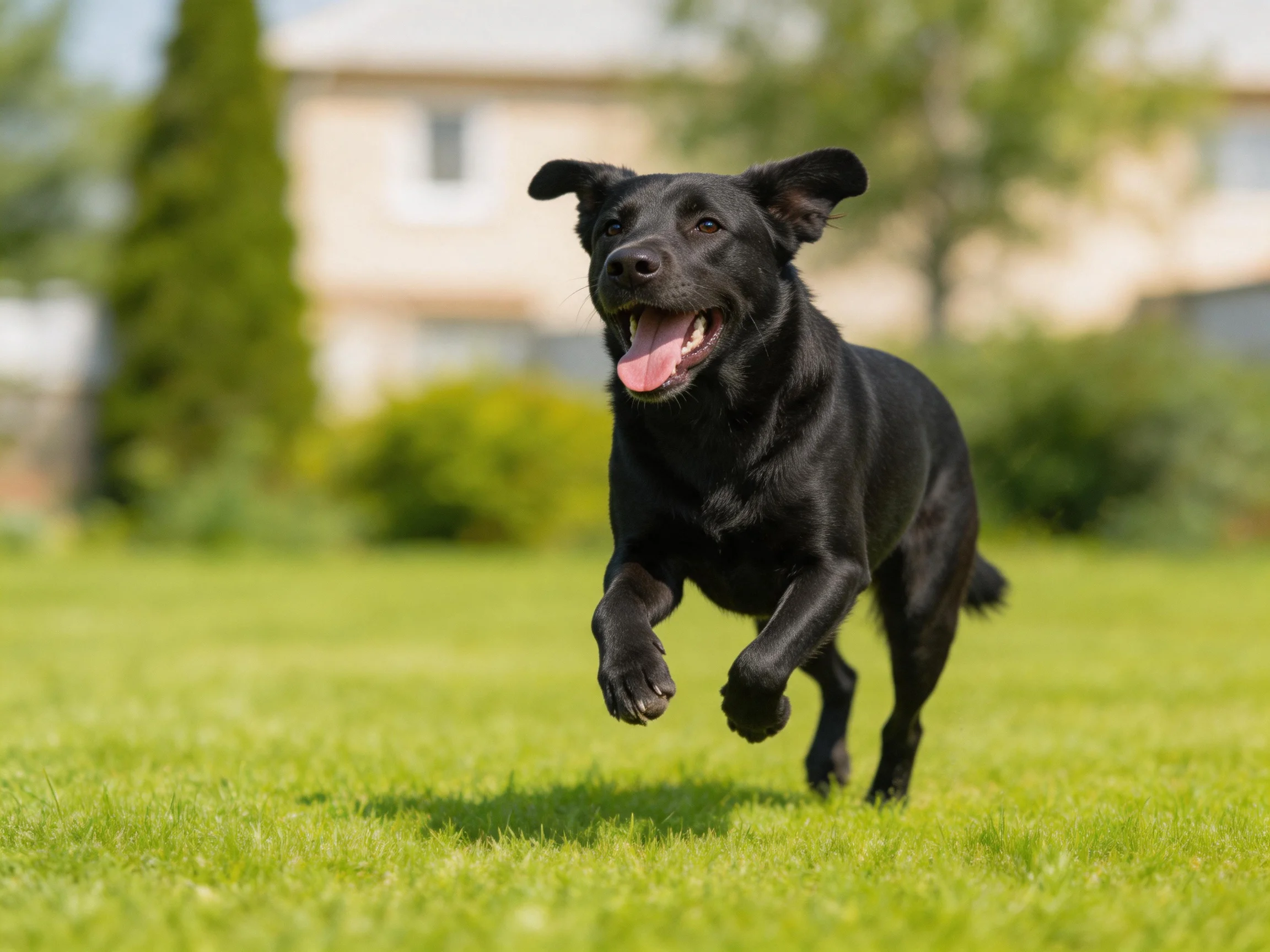 A joyful black dog running on vibrant green grass in a sunny yard