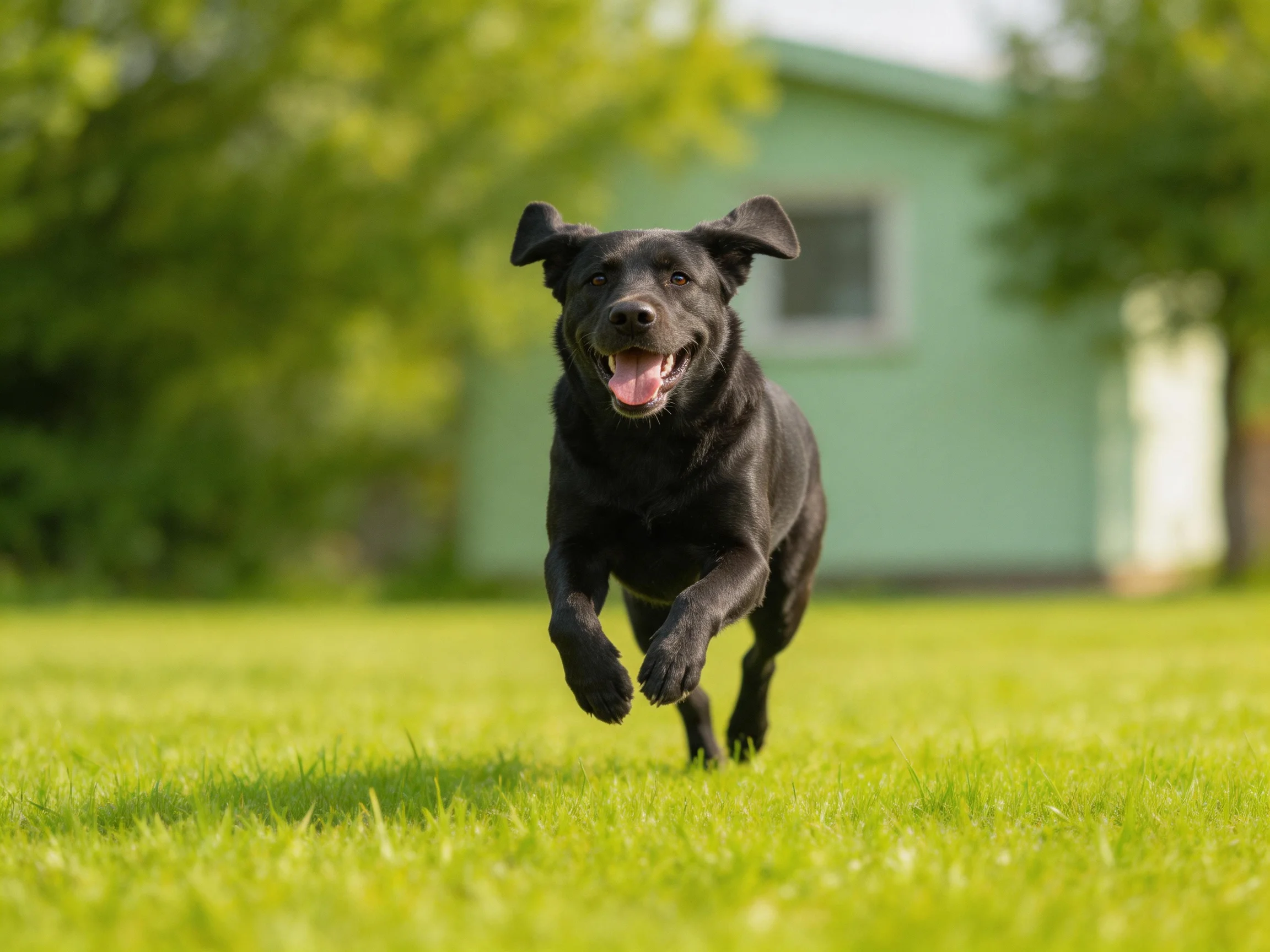 A black dog happily runs on green grass close to a light green house.