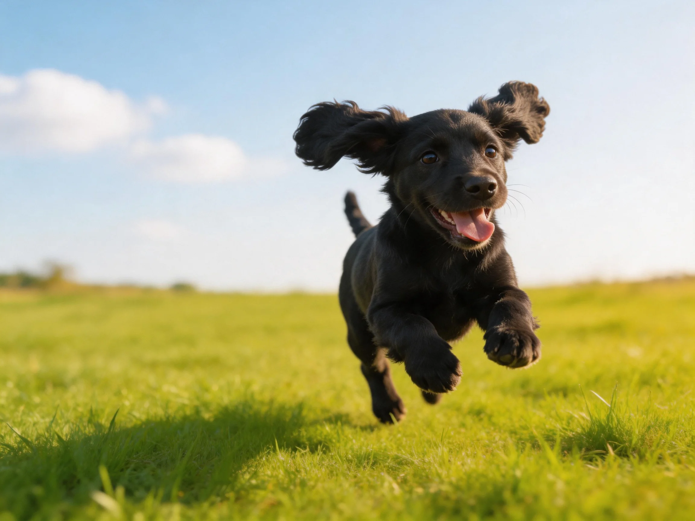 A joyful black puppy running through a sunlit green meadow