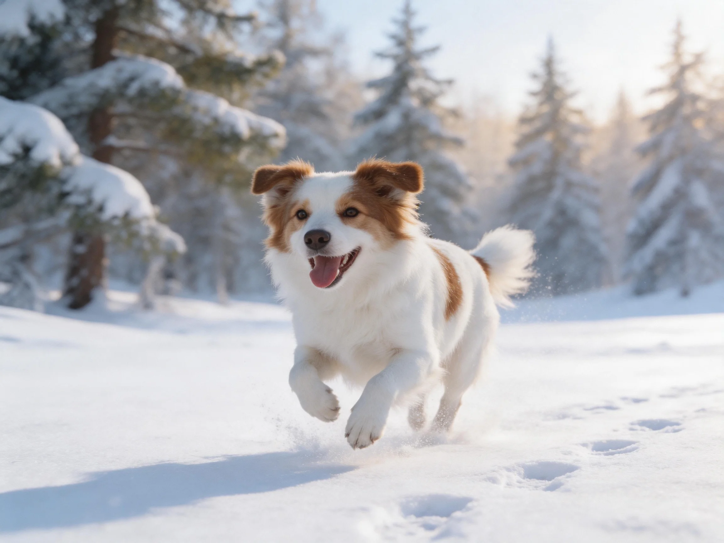 A joyful brown-and-white dog running through a snow-filled forest