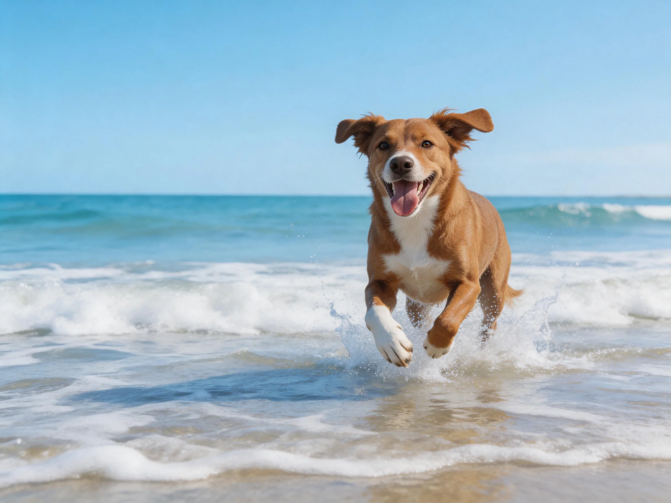 A joyful brown and white dog running through crashing ocean waves